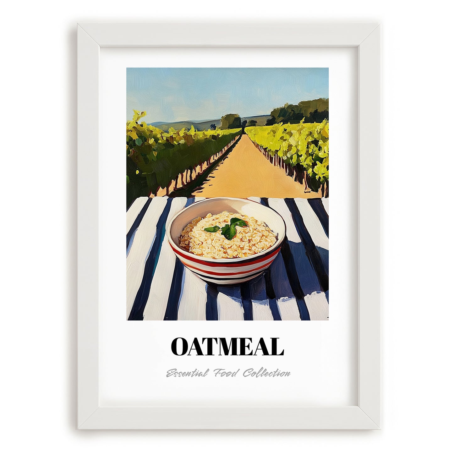Oatmeal – Hilltop Table Scene, American Food Wall Art, placed in minimal white frame