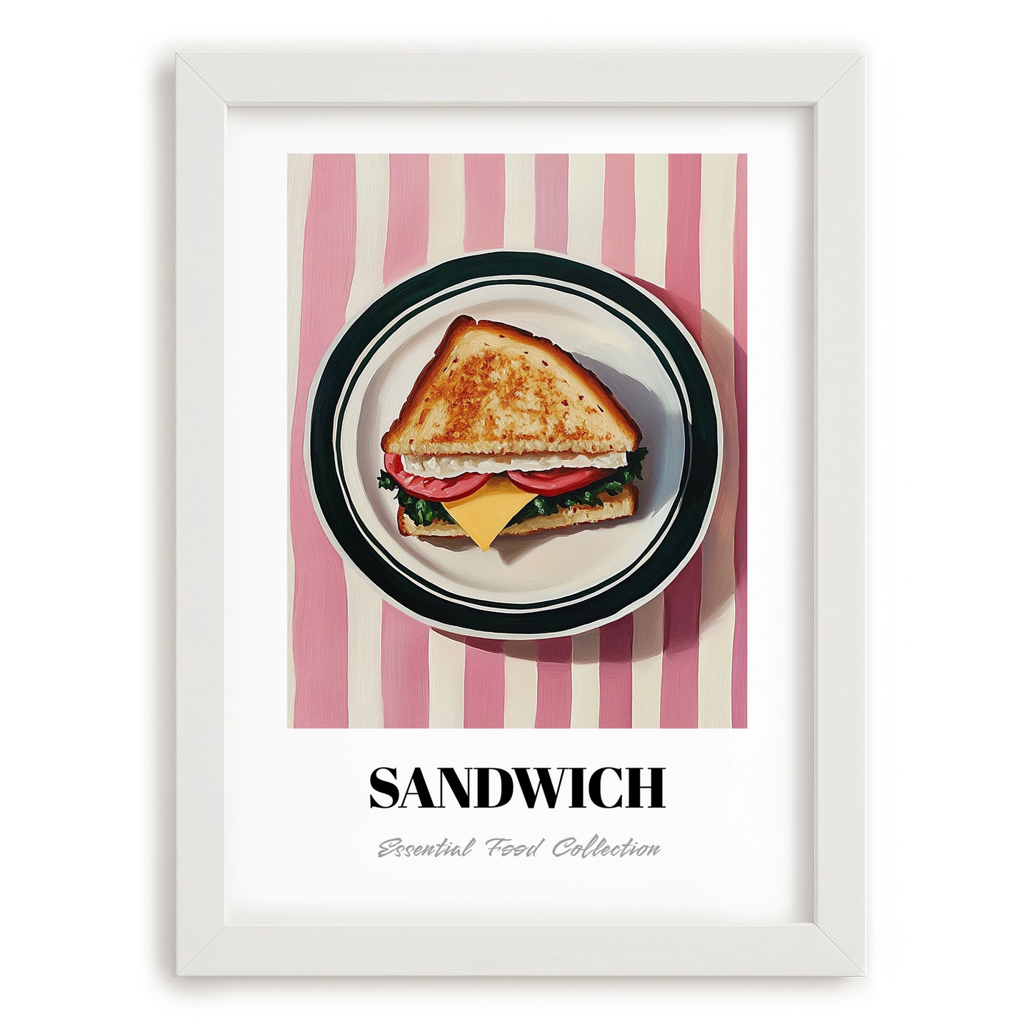 Sandwich – on Striped Tablecloth, British Food Still Life, placed in minimal white frame
