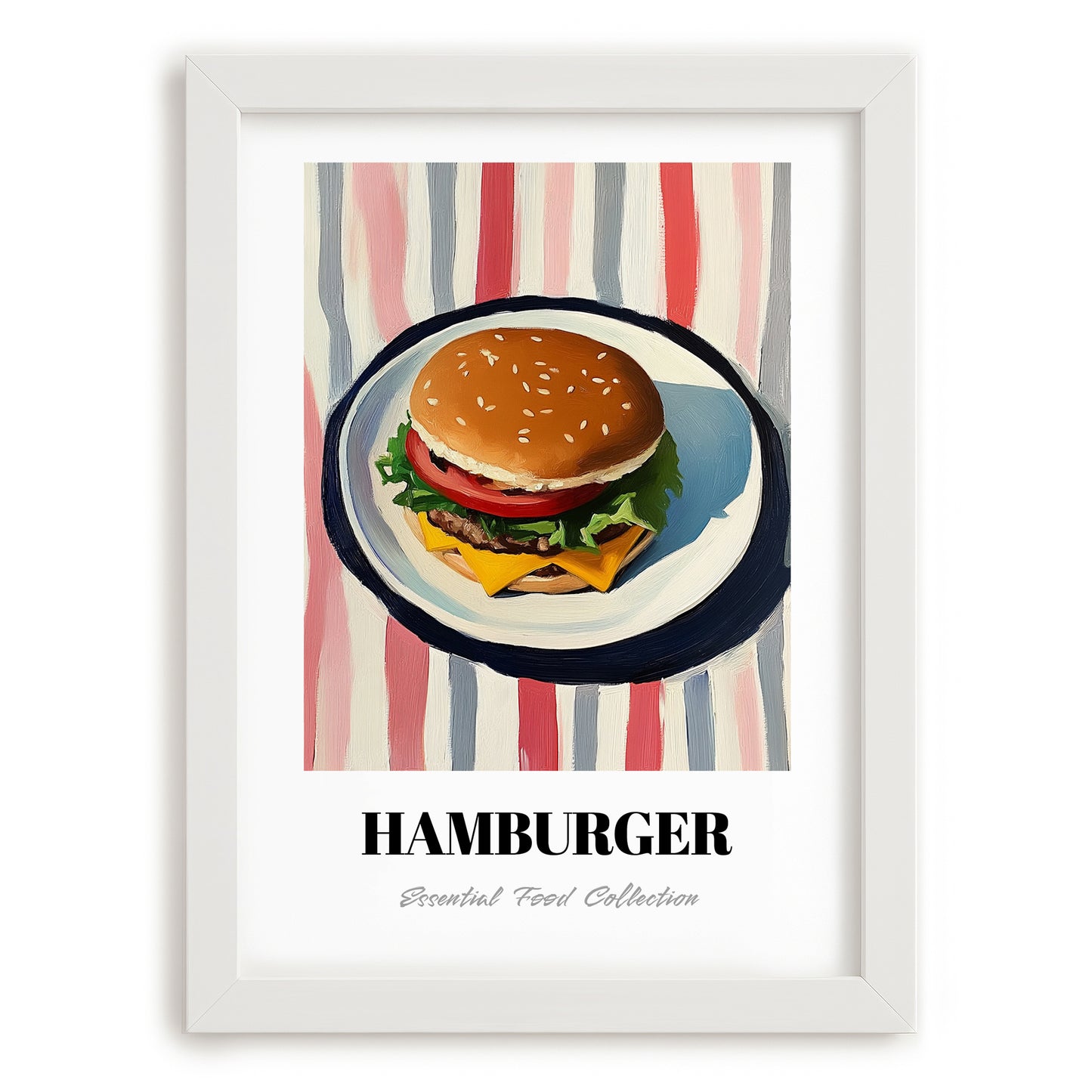 Hamburger – on Striped Tablecloth, American Food Still Life, placed in minimal white frame