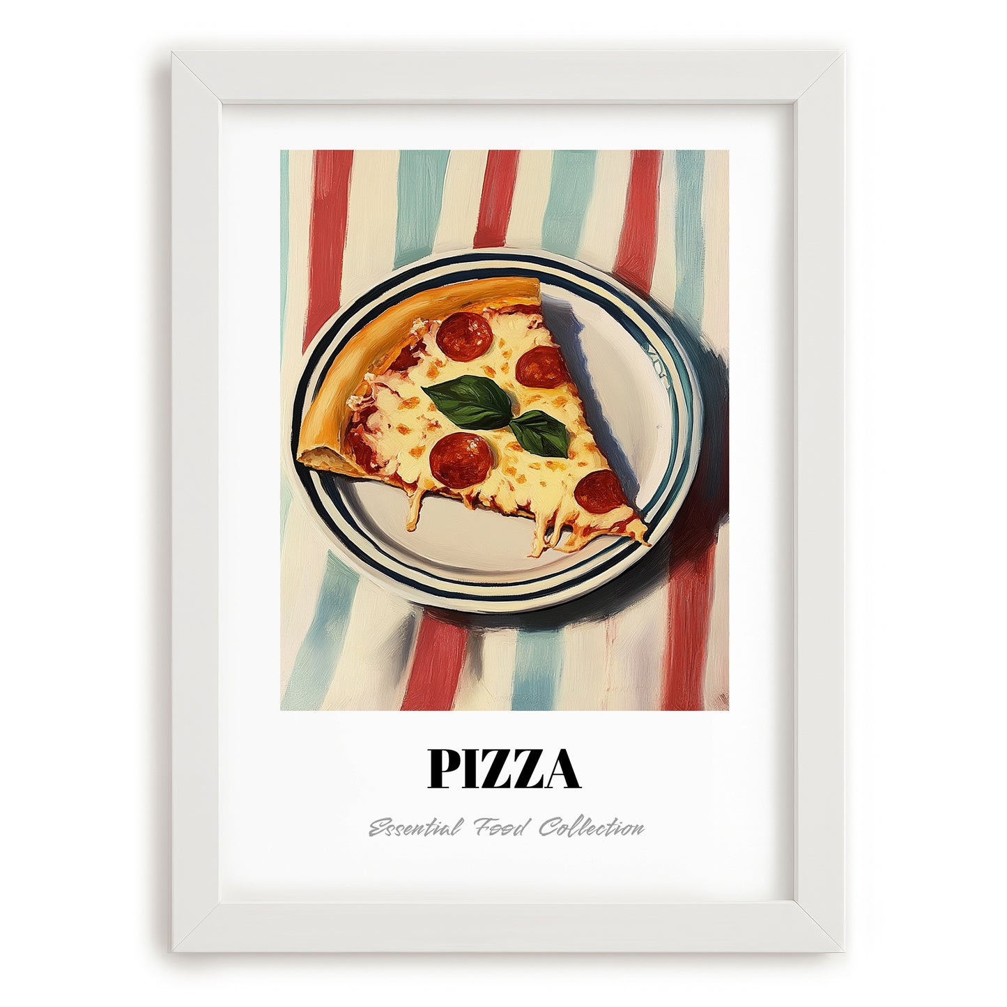 Pizza – on Striped Tablecloth, Italian Pizza Wall Decor, placed in minimal white frame