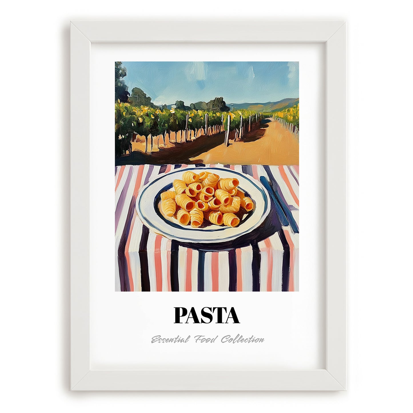 Pasta – Hilltop Café Scene, Italian Pasta Painting, placed in minimal white frame