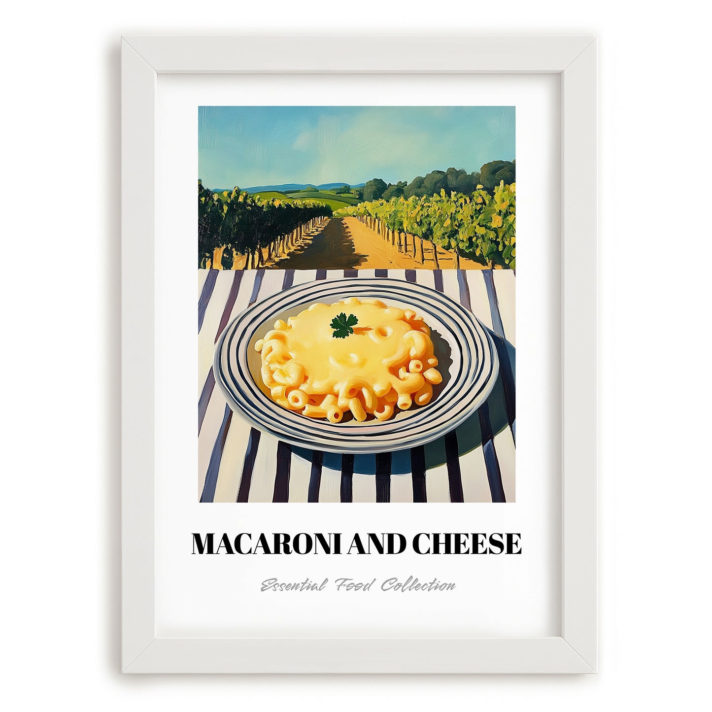 Macaroni And Cheese – Hilltop Café Scene, American Pasta Painting, placed in minimal white frame