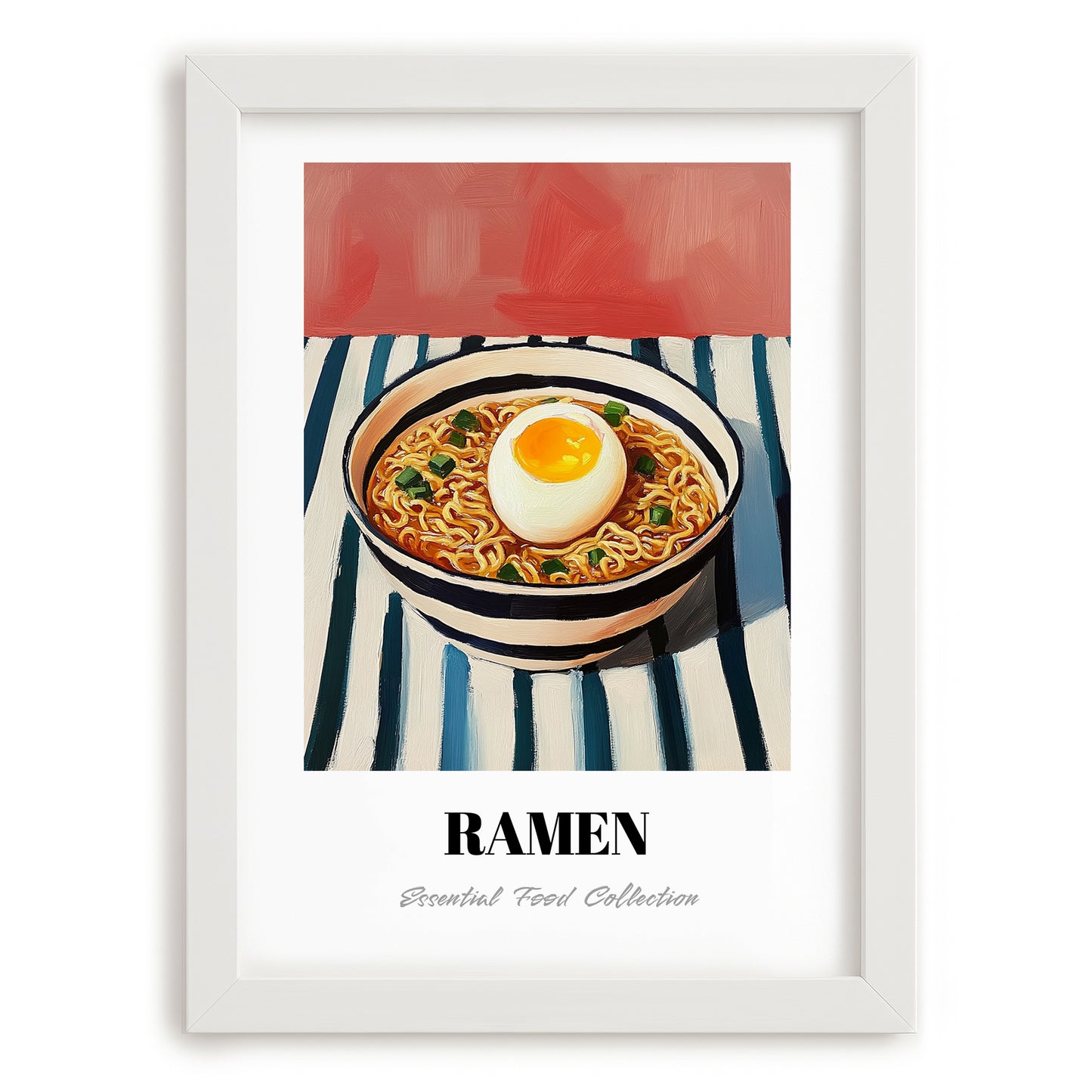 Ramen – on Striped Tablecloth, Japanese Pasta Poster, placed in minimal white frame