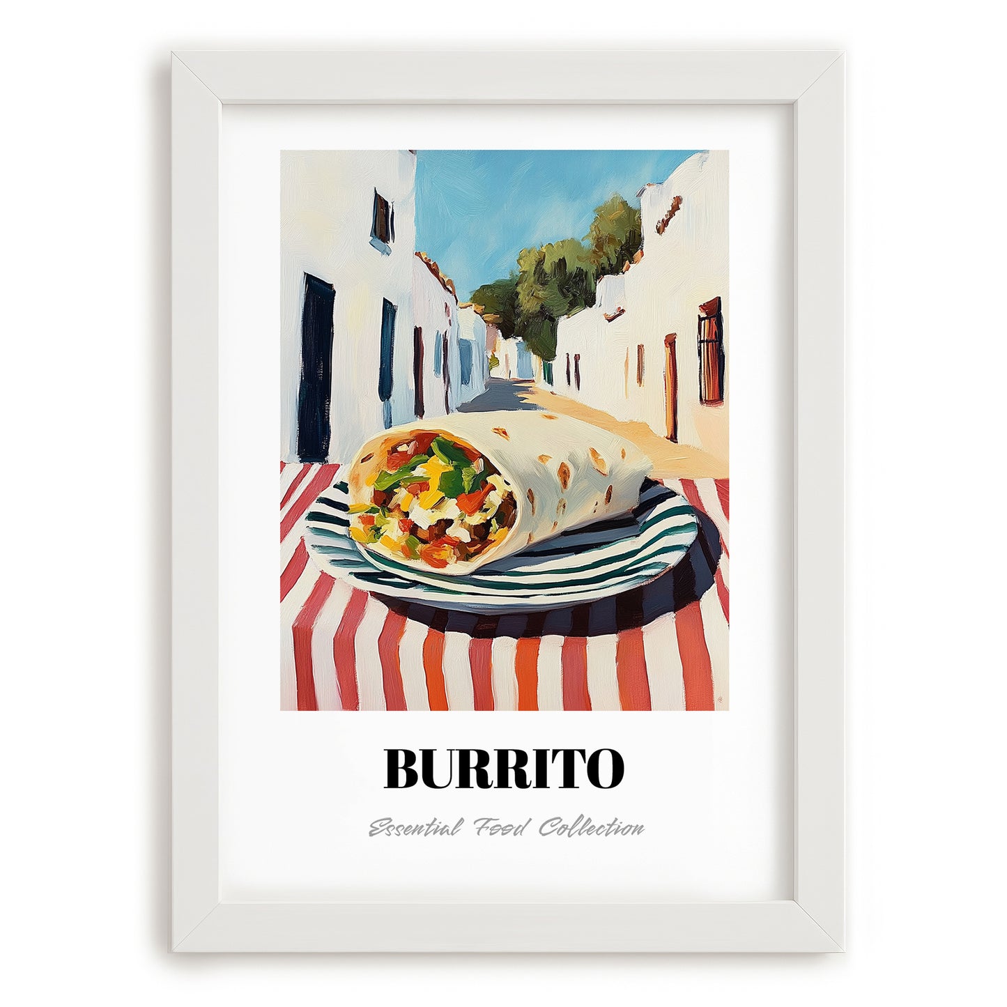 Burrito – White village Street Café Scene, Mexican Food Wall Art, placed in minimal white frame