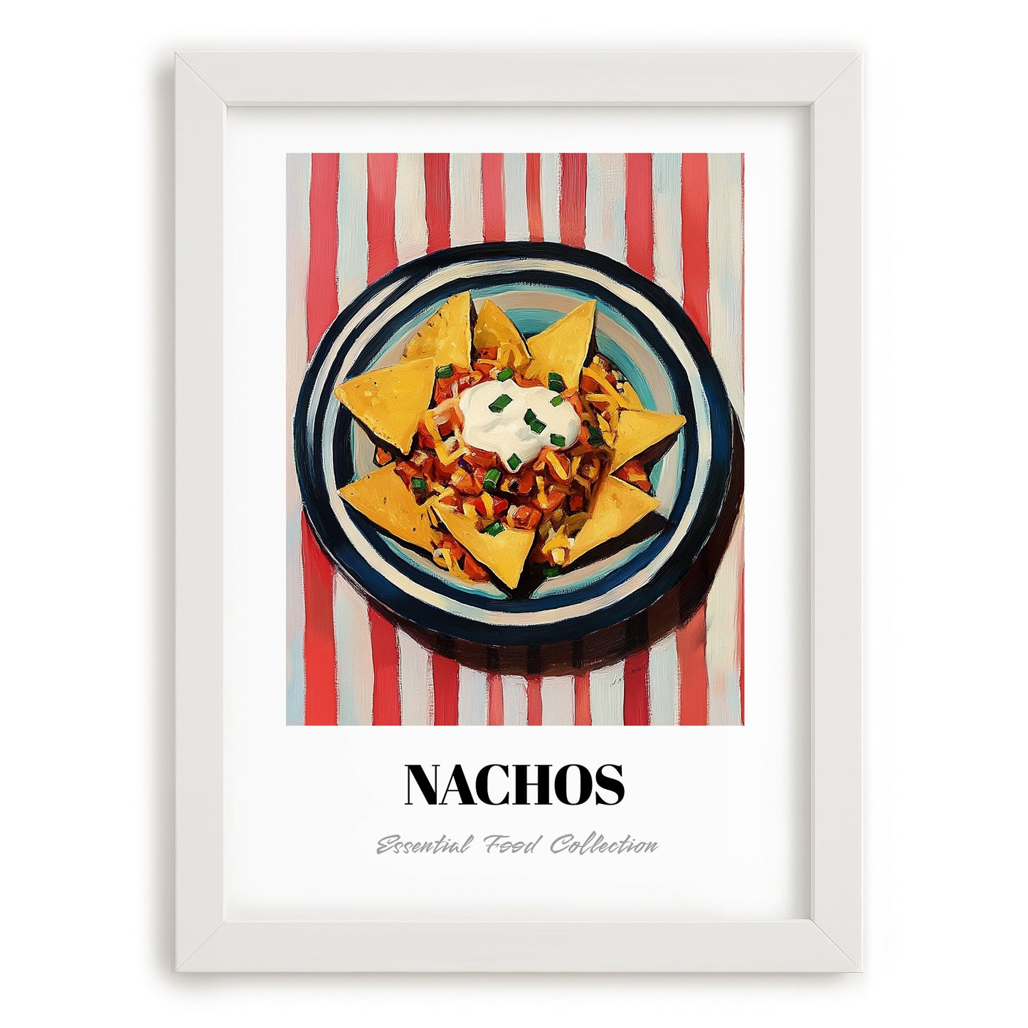 Nachos – on Striped Tablecloth, Mexican Cheese Wall Decor, placed in minimal white frame