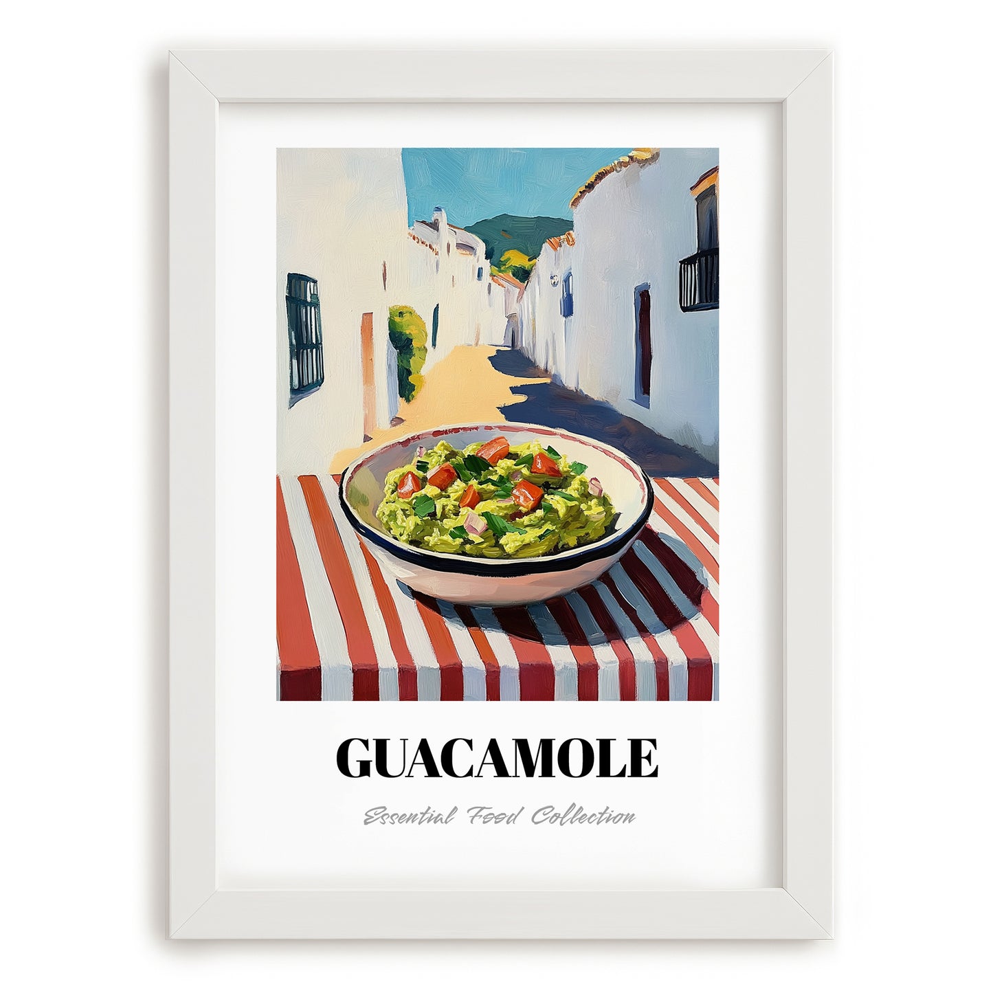 Guacamole – White village Outdoor Café Scene, Mexican Food Painting, placed in minimal white frame