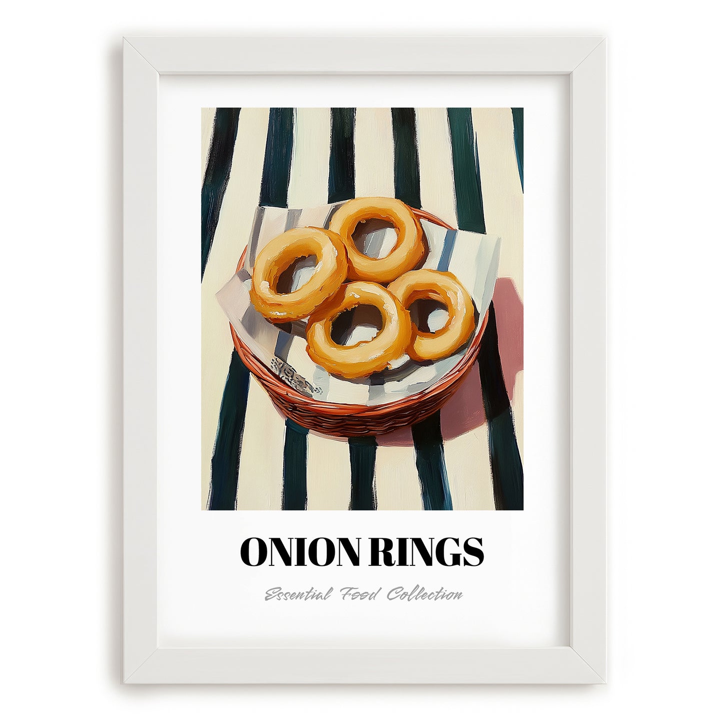 Onion Rings – on Striped Tablecloth, American Food Wall Art, placed in minimal white frame