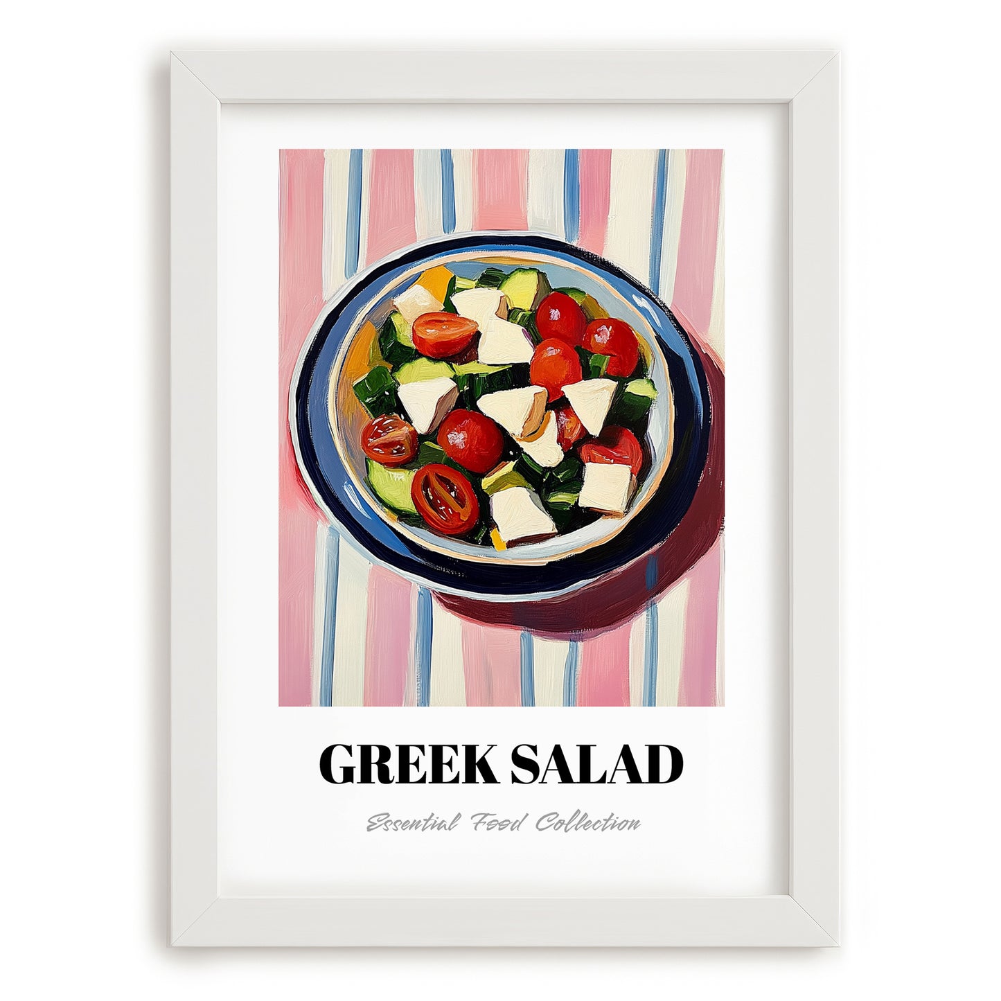 Greek Salad – on Striped Tablecloth, Greek Food Illustration, placed in minimal white frame
