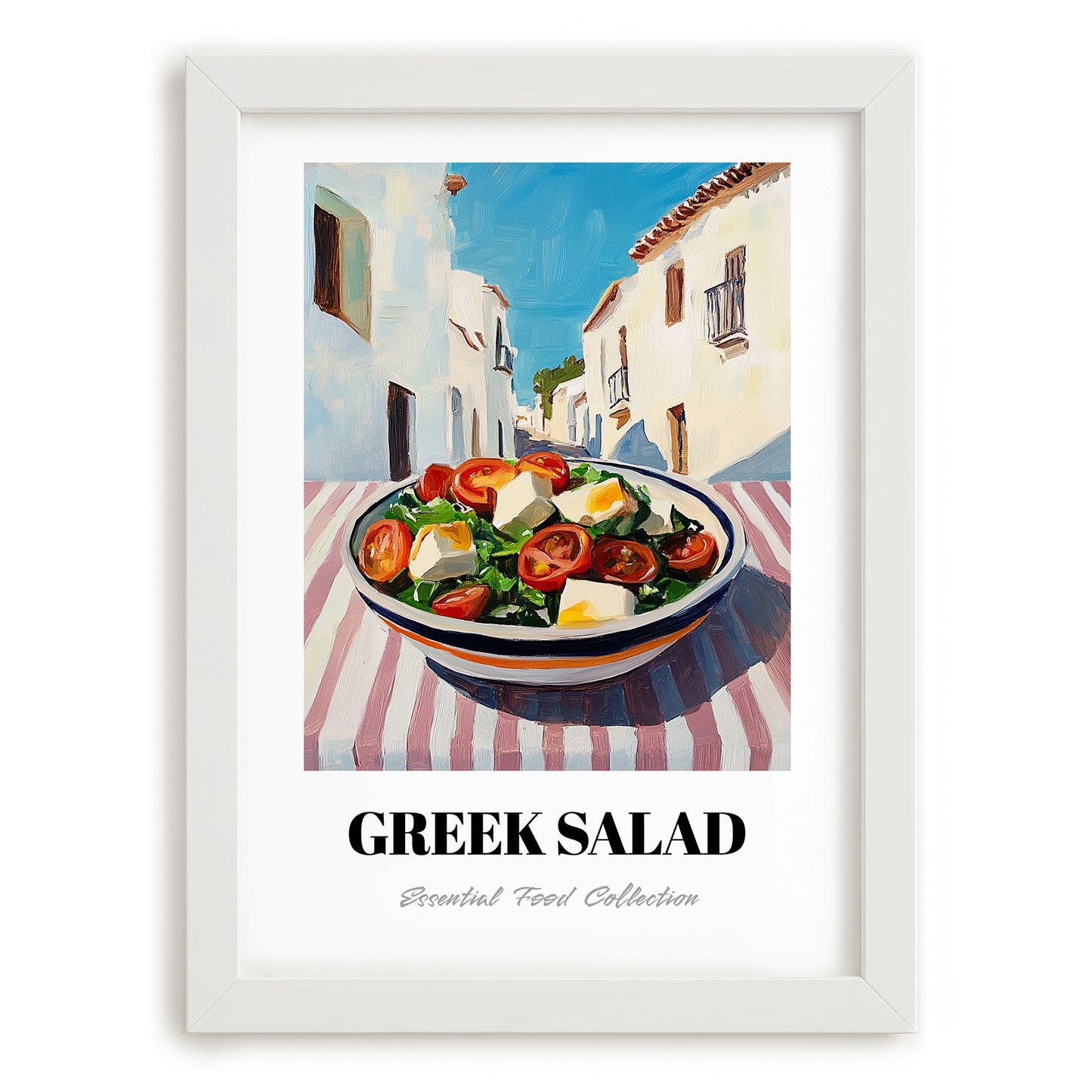 Greek Salad – White village Urban Café Scene, Greek Food Illustration, placed in minimal white frame