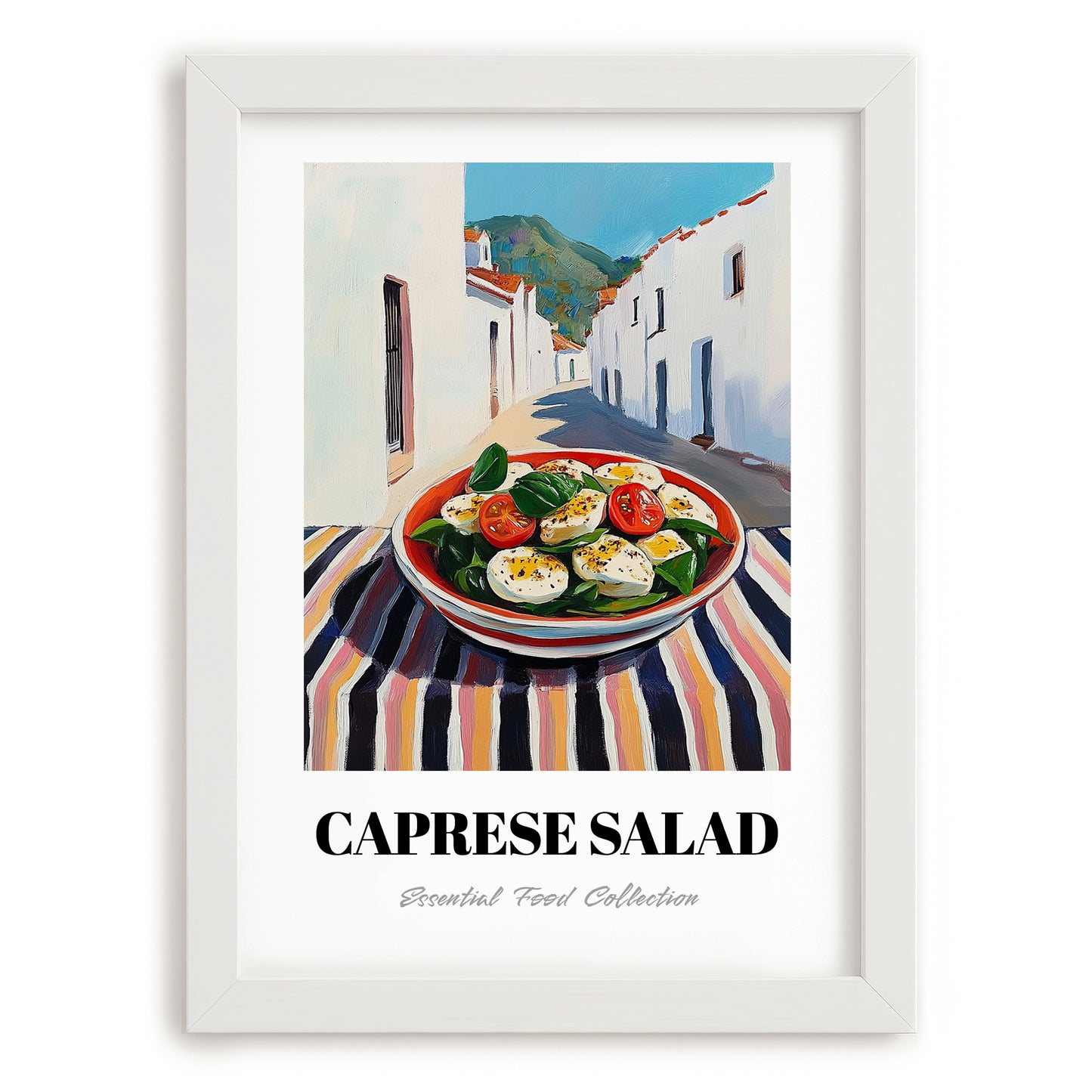 Caprese Salad – White village Urban Café Scene, Italian Food Wall Decor, placed in minimal white frame