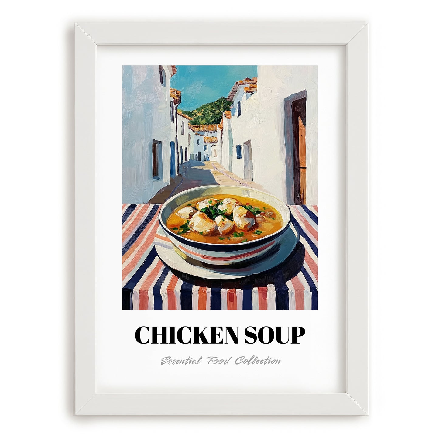 Chicken Soup – White village Urban Café Scene, American Food Painting, placed in minimal white frame