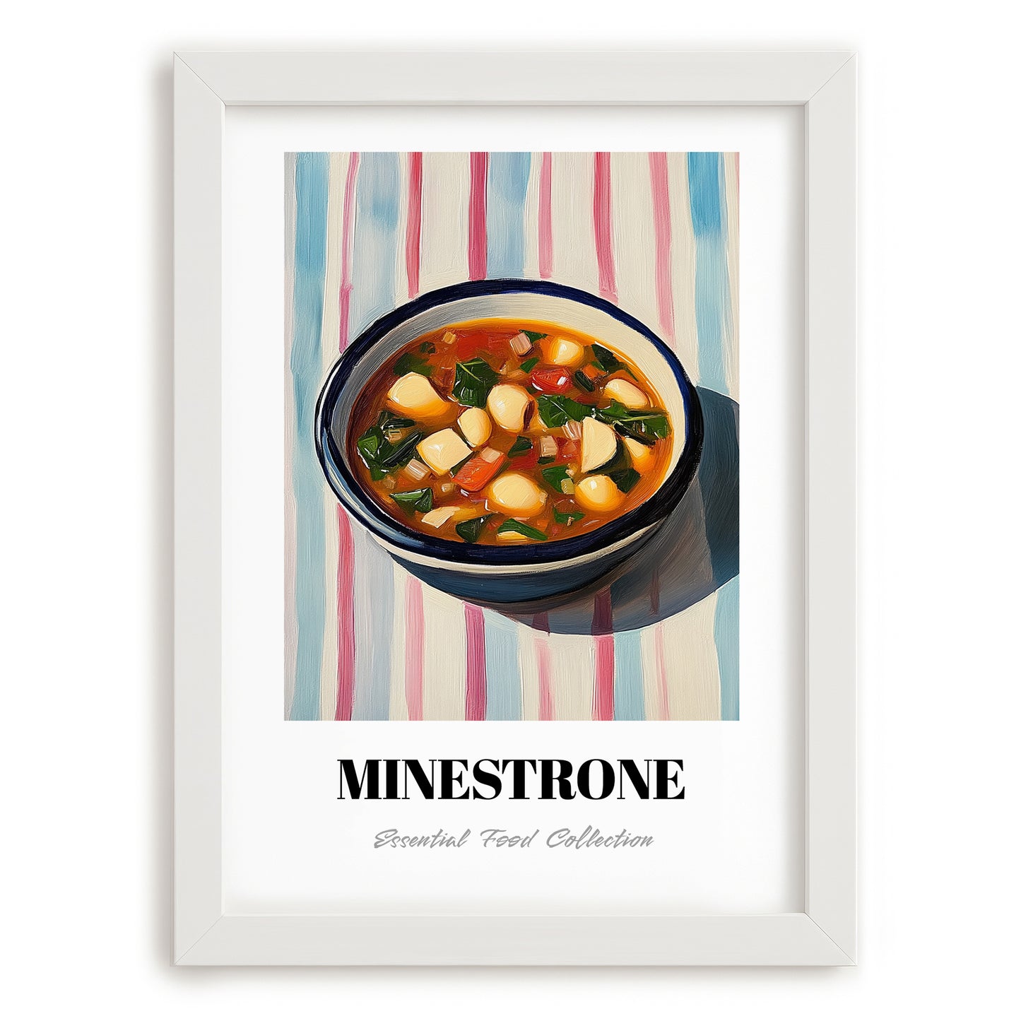 Minestrone – on Striped Tablecloth, Italian Food Wall Painting, placed in minimal white frame