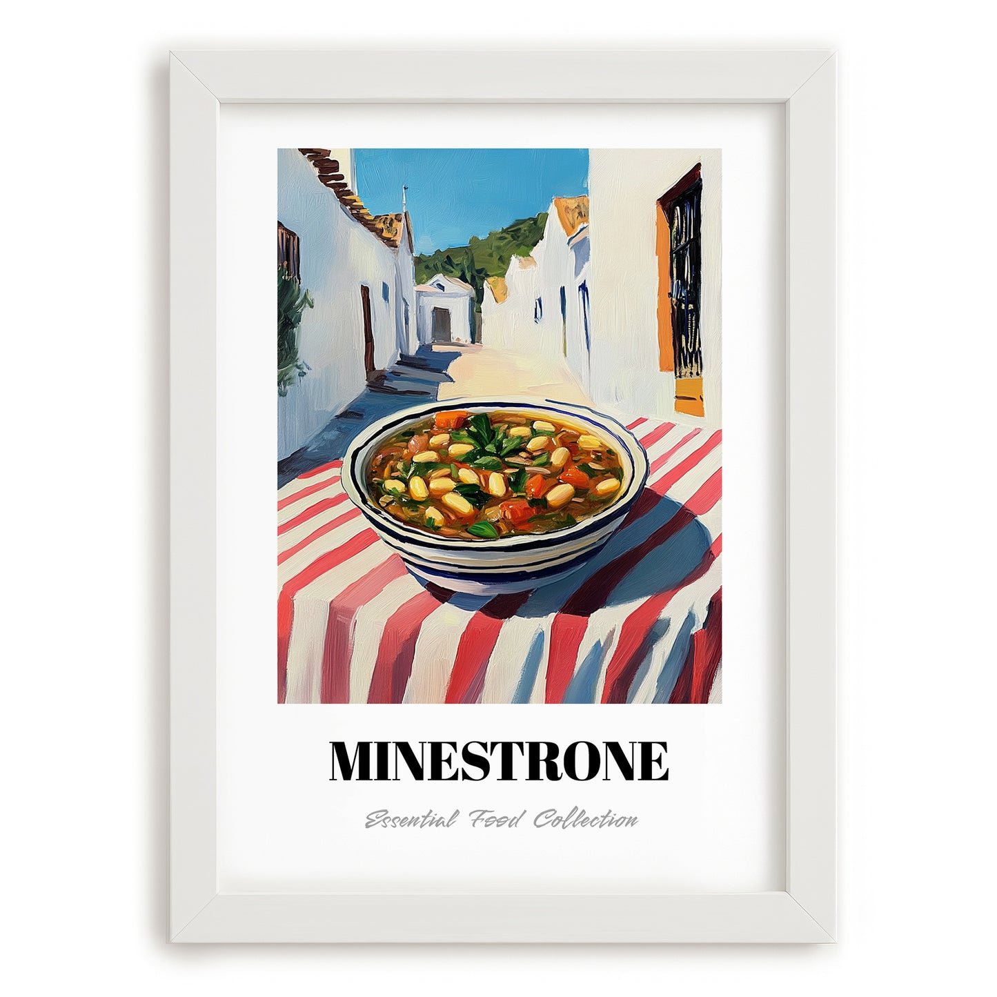 Minestrone – White village Street Café Scene, Italian Food Art, placed in minimal white frame