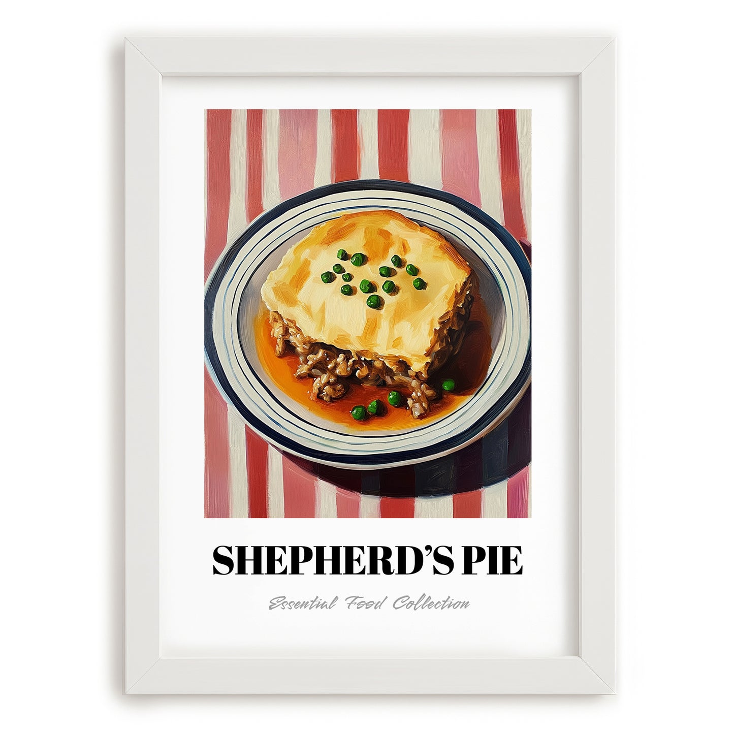 Shepherd’s Pie – on Striped Tablecloth, British Food Poster, placed in minimal white frame