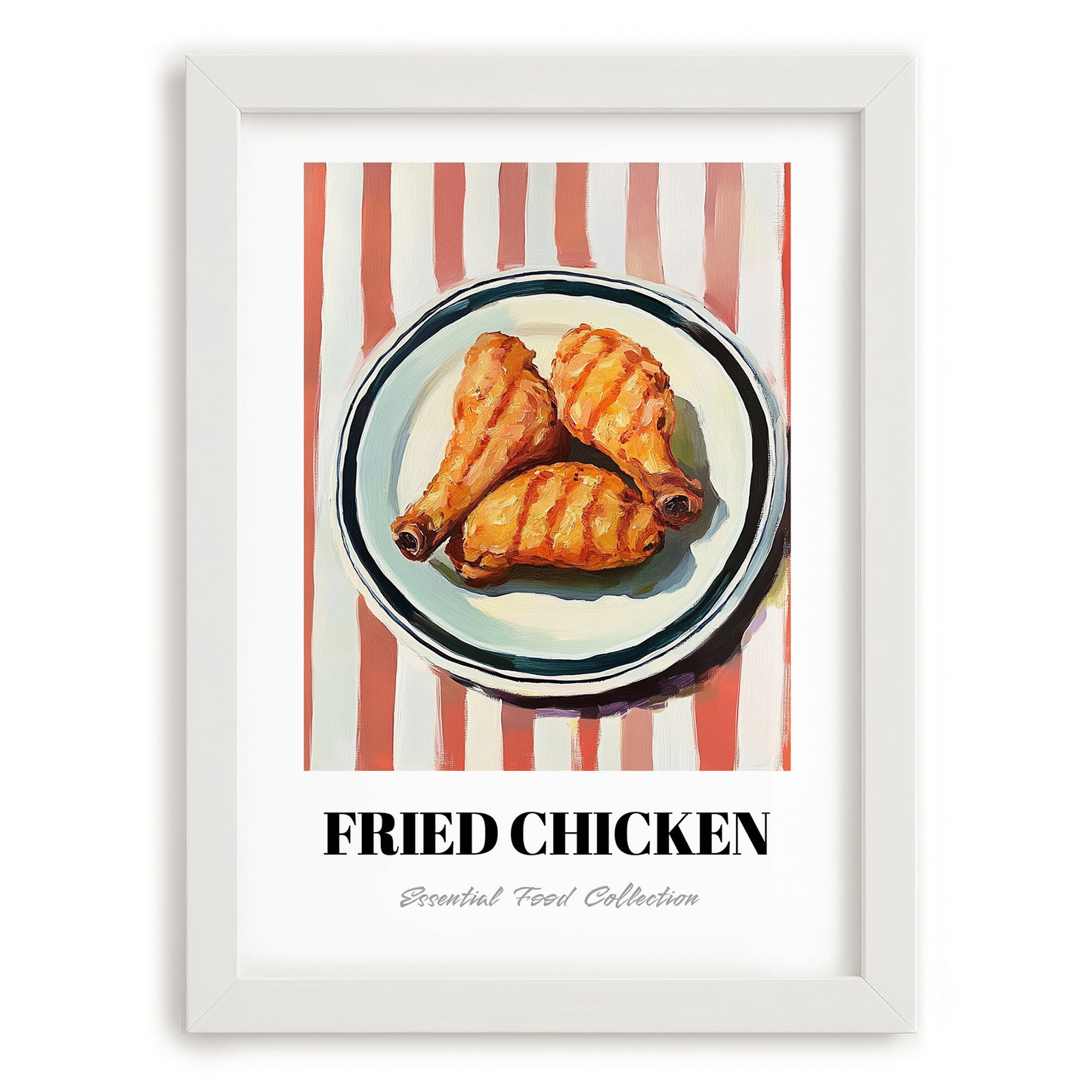 Fried Chicken – on Striped Tablecloth, American Food Still Life, placed in minimal white frame
