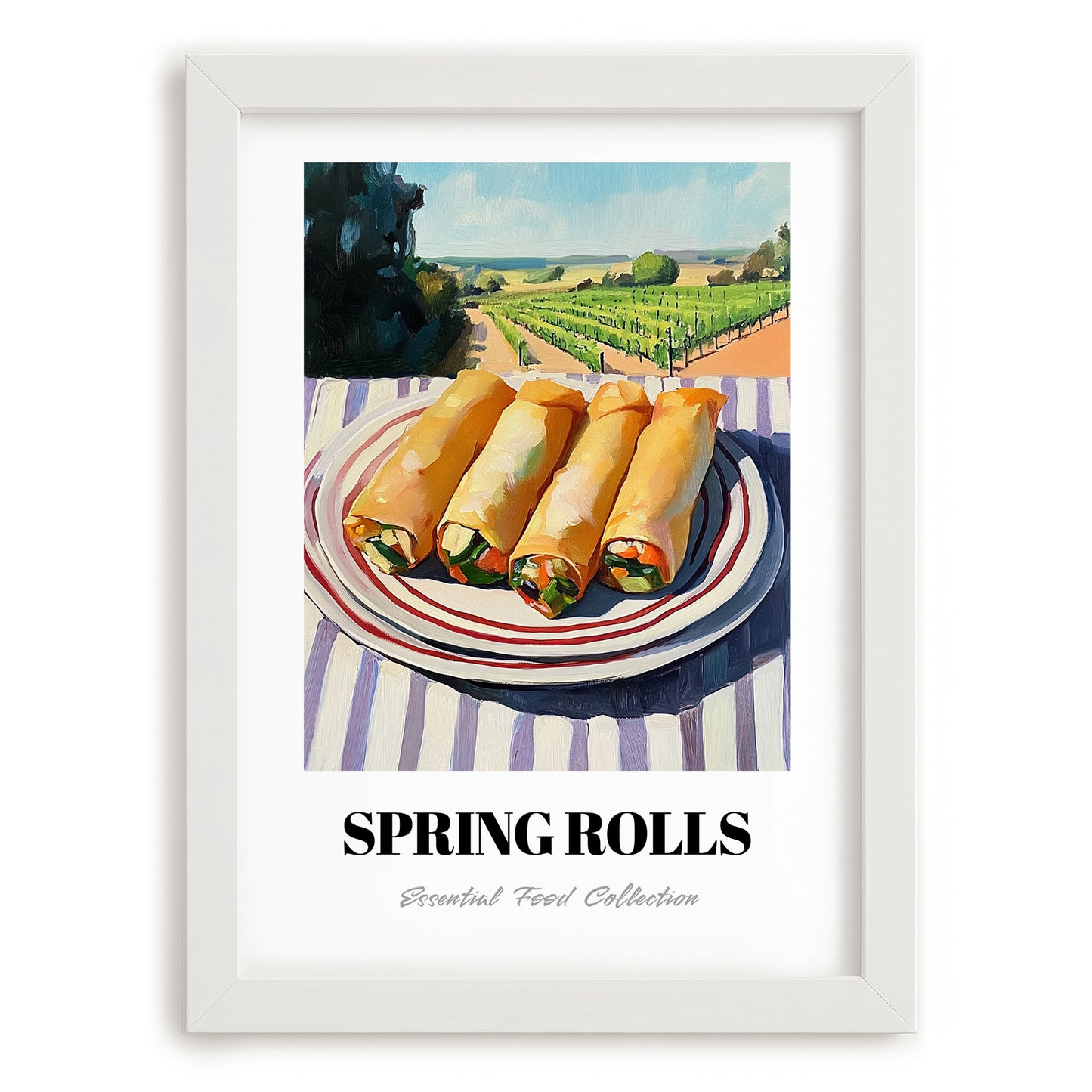 Spring Rolls – Hilltop Table Scene, Chinese Food Painting, placed in minimal white frame