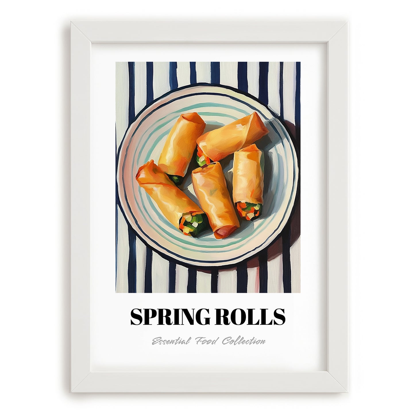 Spring Rolls – on Striped Tablecloth, Chinese Food Wall Decor, placed in minimal white frame