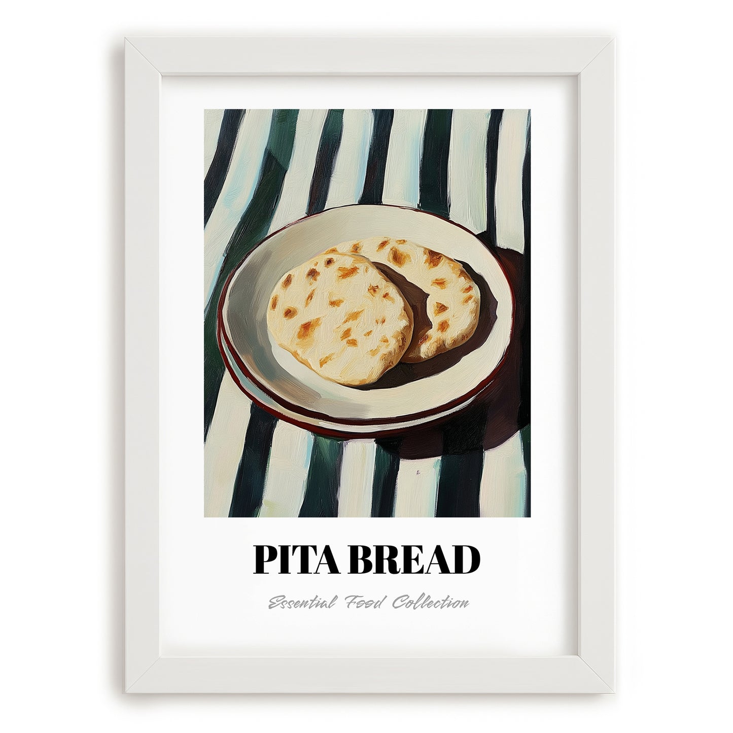 Pita Bread – on Striped Tablecloth, Greek Food Painting, placed in minimal white frame
