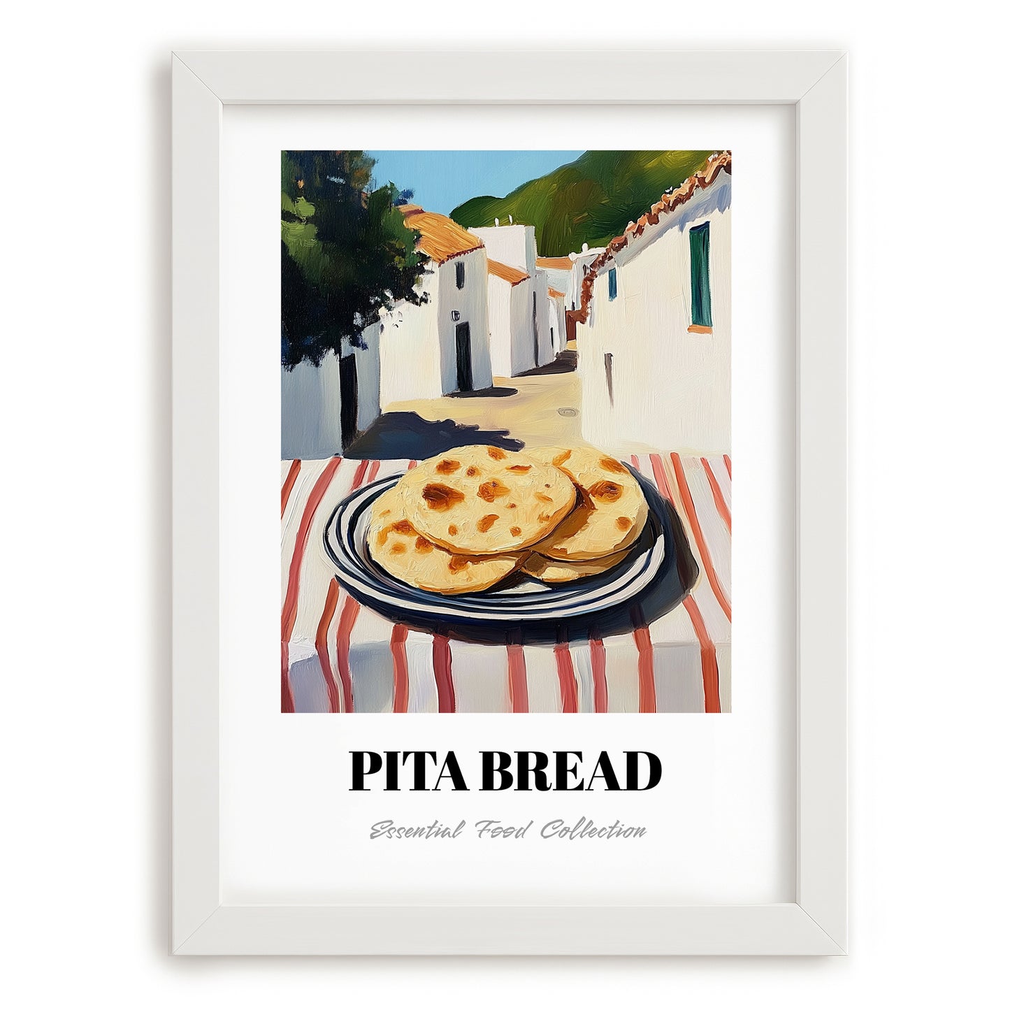 Pita Bread – White village Café on the Corner, Greek Food Illustration, placed in minimal white frame