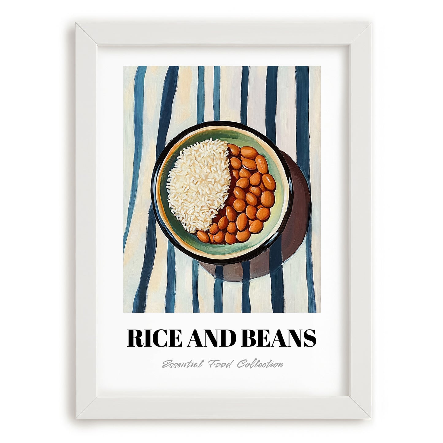Rice And Beans – on Striped Tablecloth, Latin Food Wall Art, placed in minimal white frame