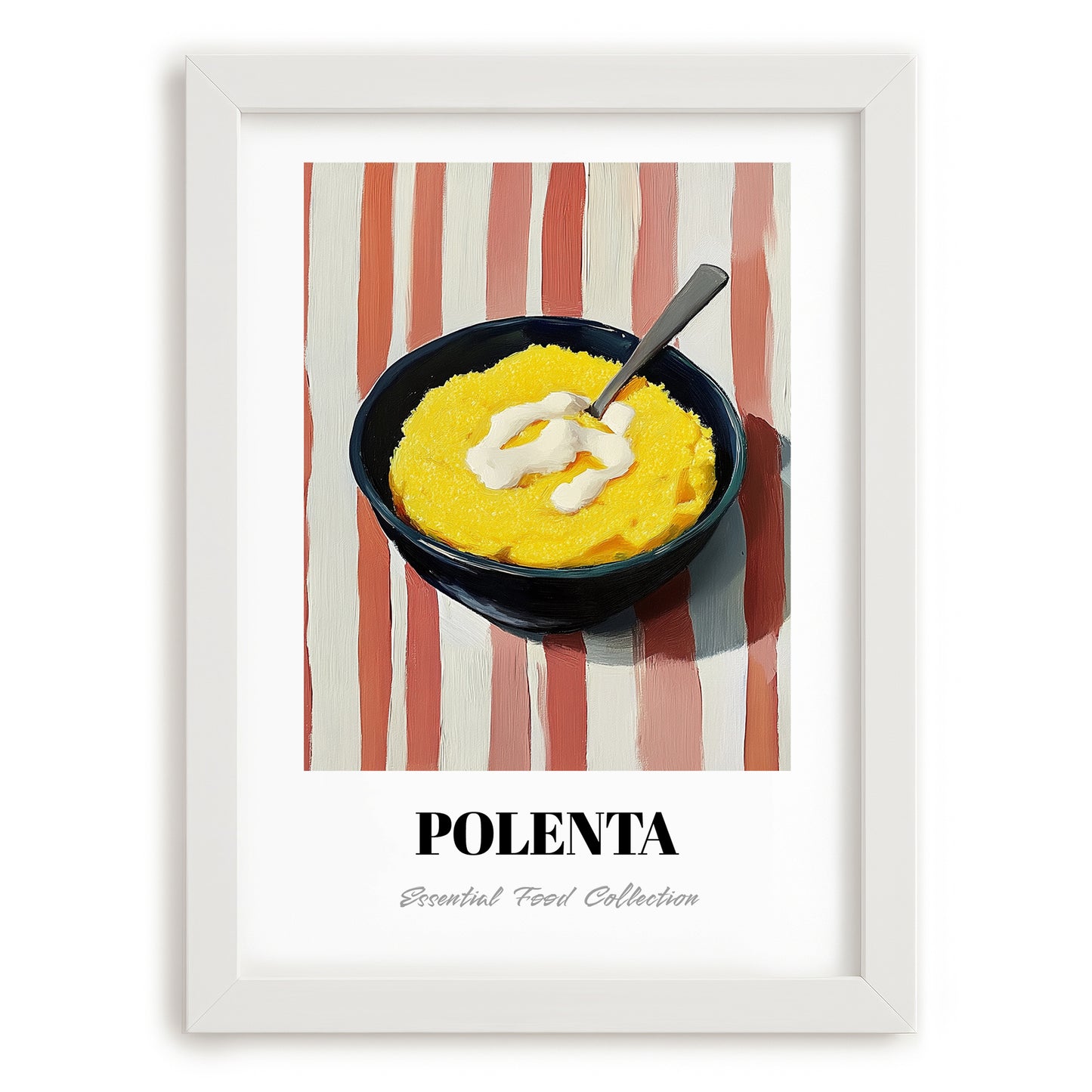 Polenta – on Striped Tablecloth, Italian Food Painting, placed in minimal white frame