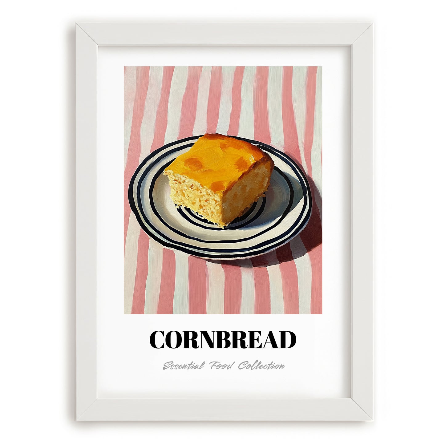 Cornbread – on Striped Tablecloth, American Pastry Print, placed in minimal white frame