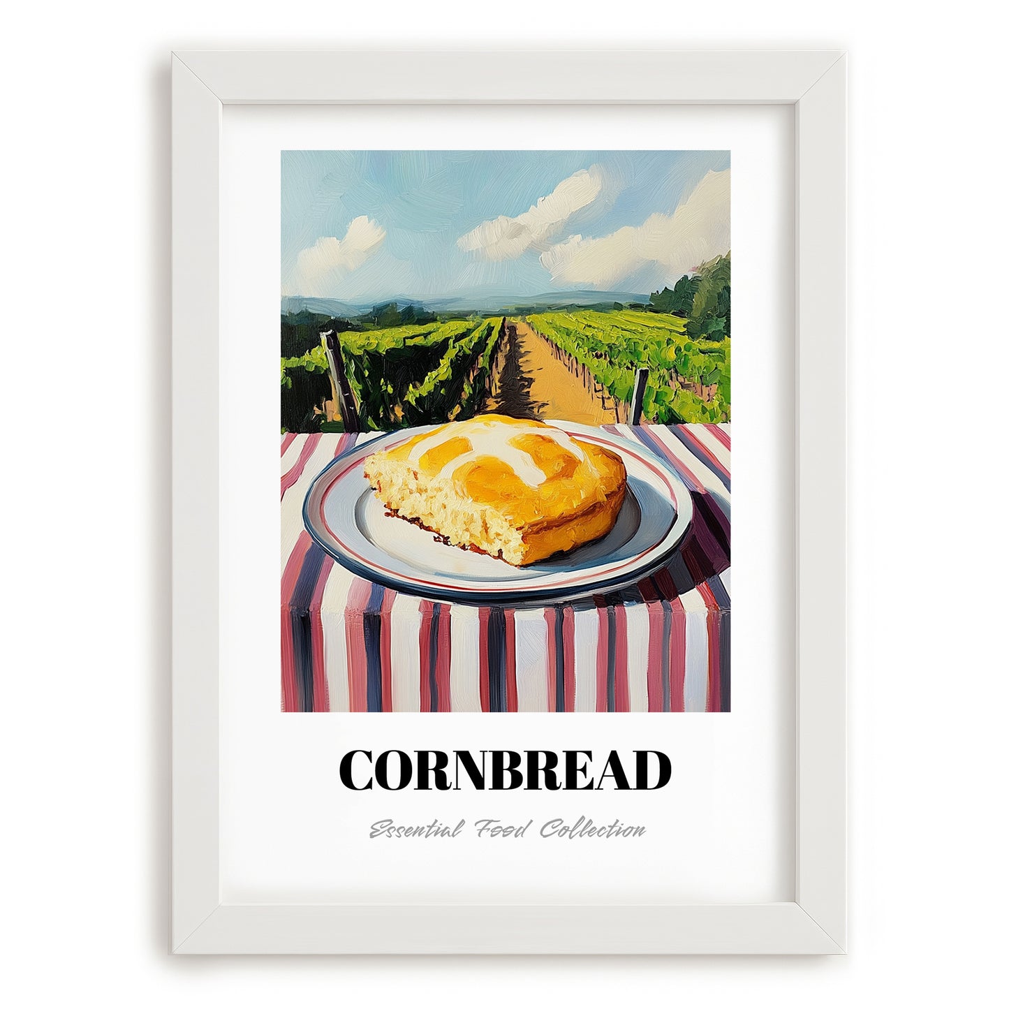 Cornbread – Hilltop Table Scene, American Pastry Poster, placed in minimal white frame