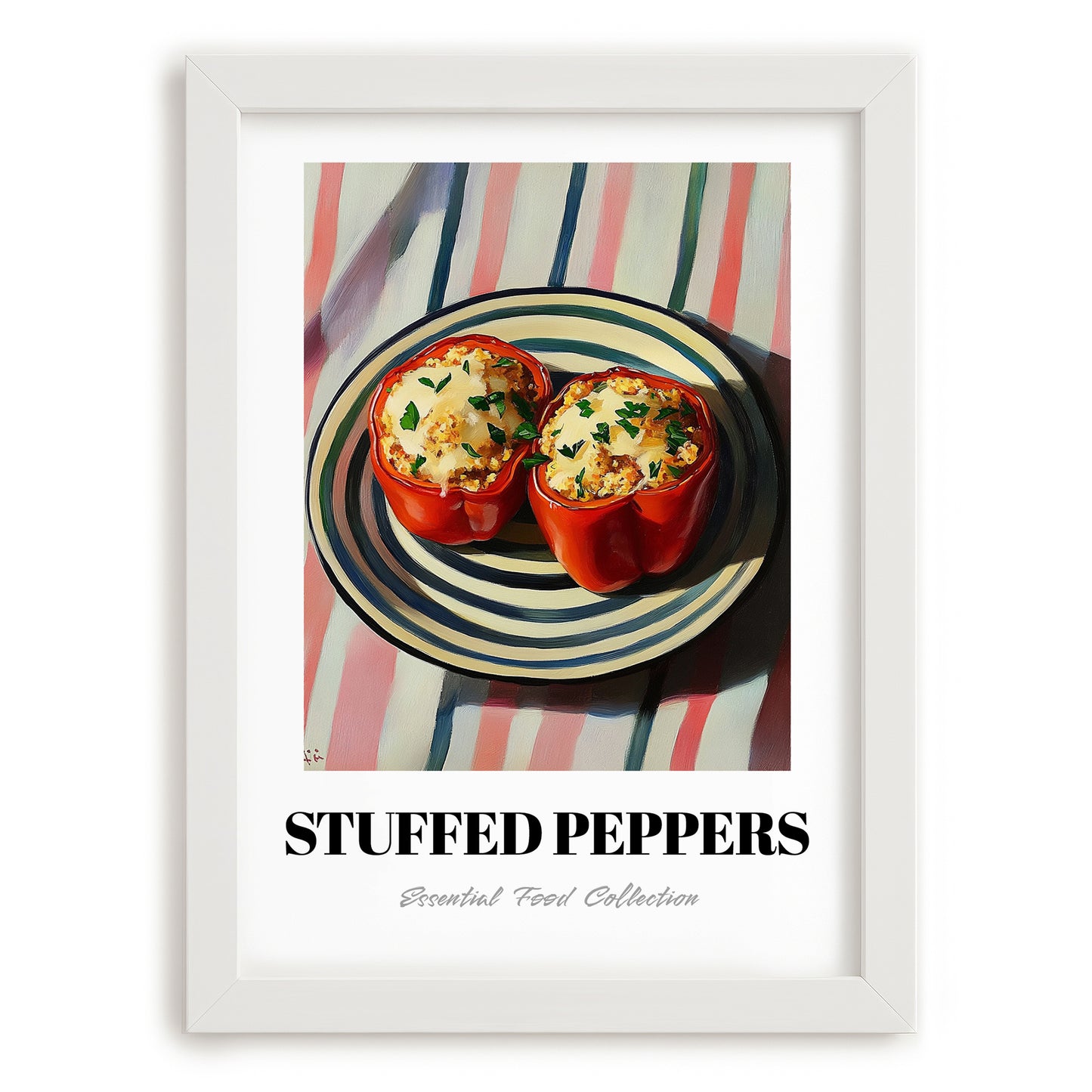 Stuffed Peppers – on Striped Tablecloth, Balkan Food Poster, placed in minimal white frame