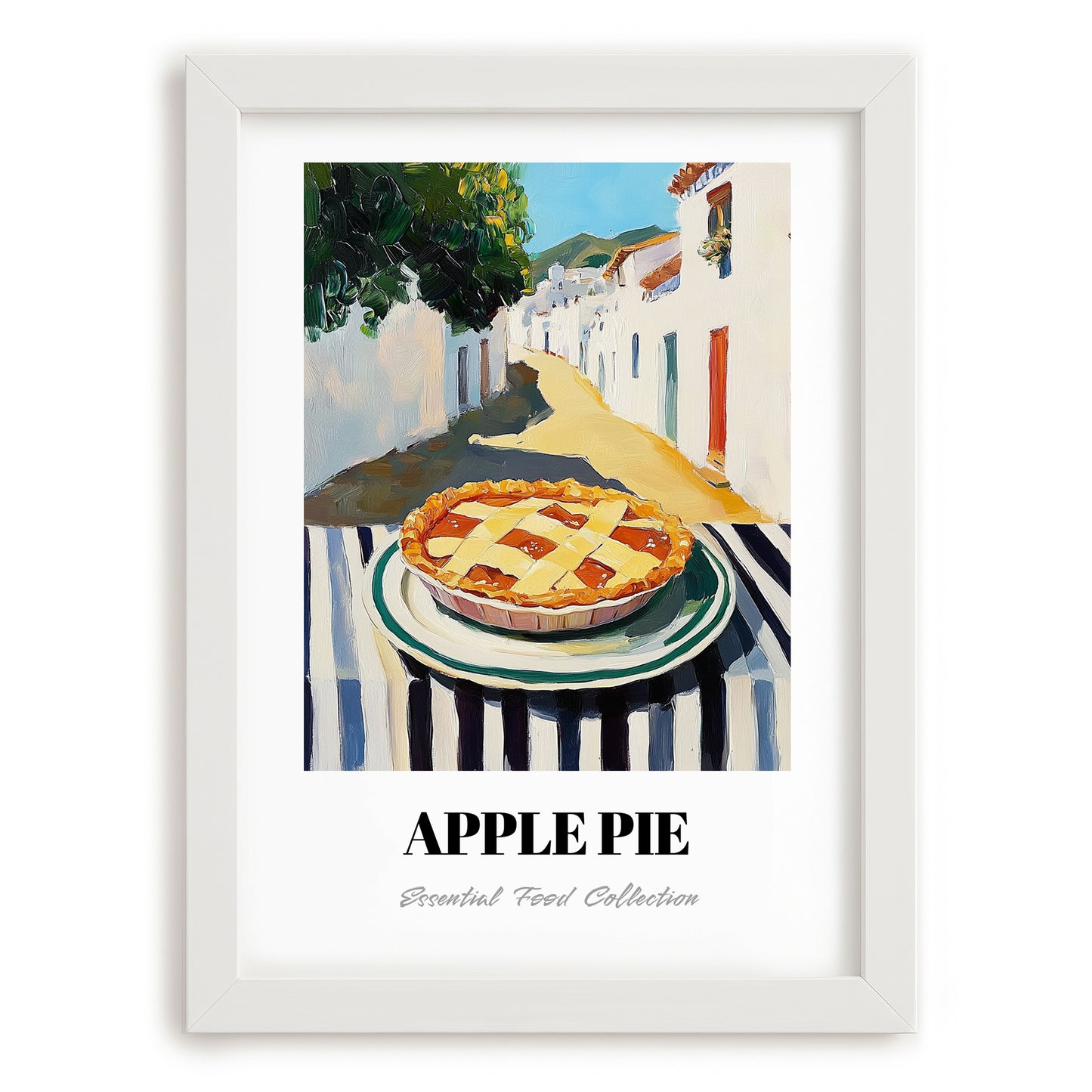 Apple Pie – White village Café on the Corner, American Dessert Poster, placed in minimal white frame