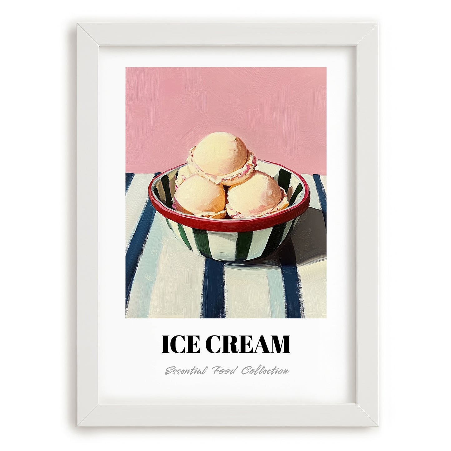 Ice Cream – on Striped Tablecloth, American Ice Cream Print, placed in minimal white frame