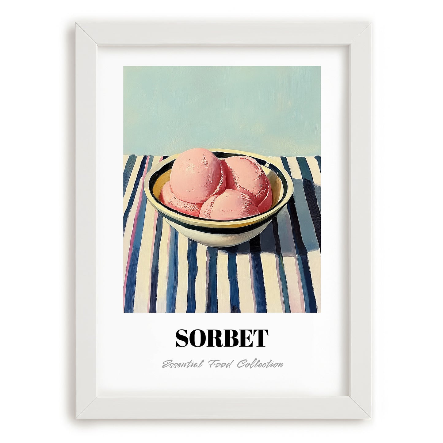 Sorbet – on Striped Tablecloth, French Ice Cream Painting, placed in minimal white frame
