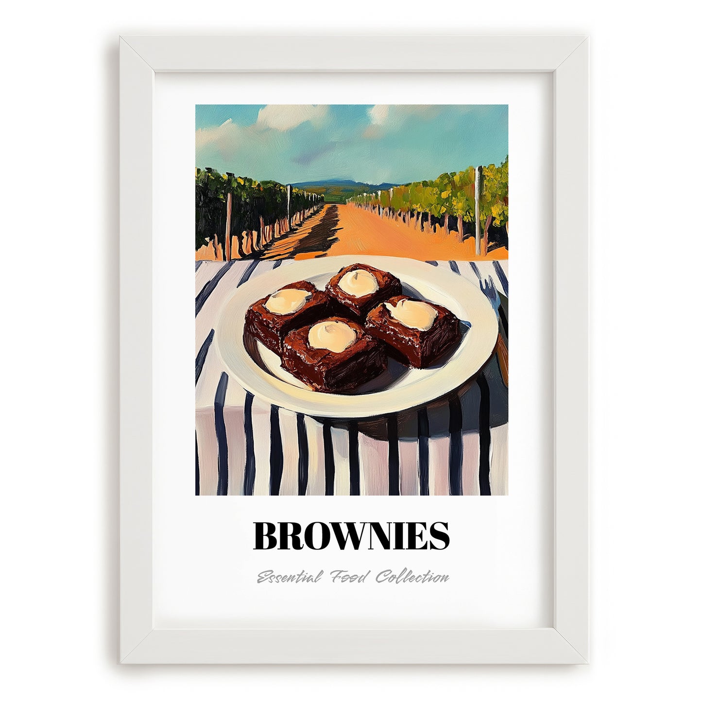 Brownies – Hilltop Café Scene, American Dessert Poster, placed in minimal white frame