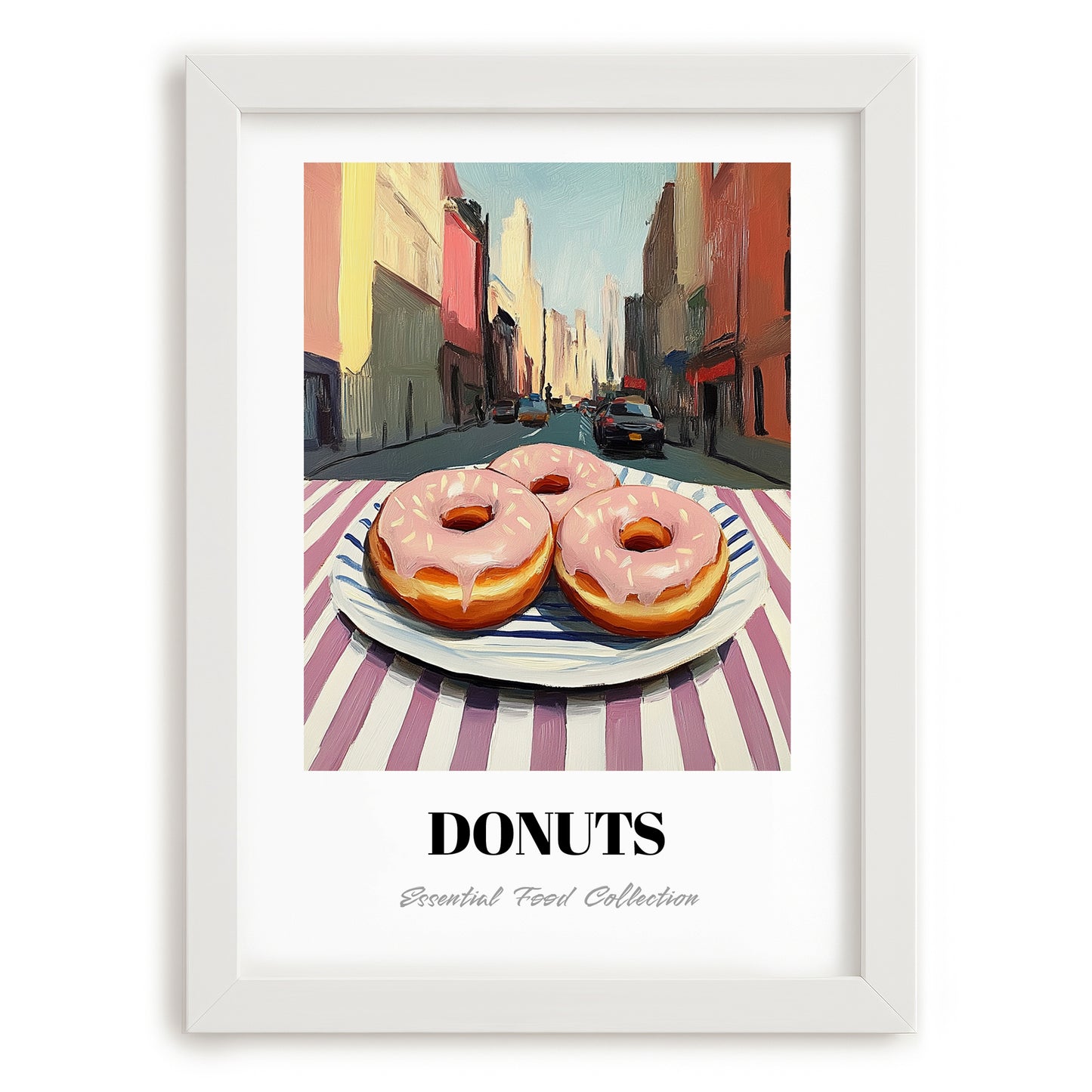 Donuts – New York Street Café Scene, American Pastry Print, placed in minimal white frame