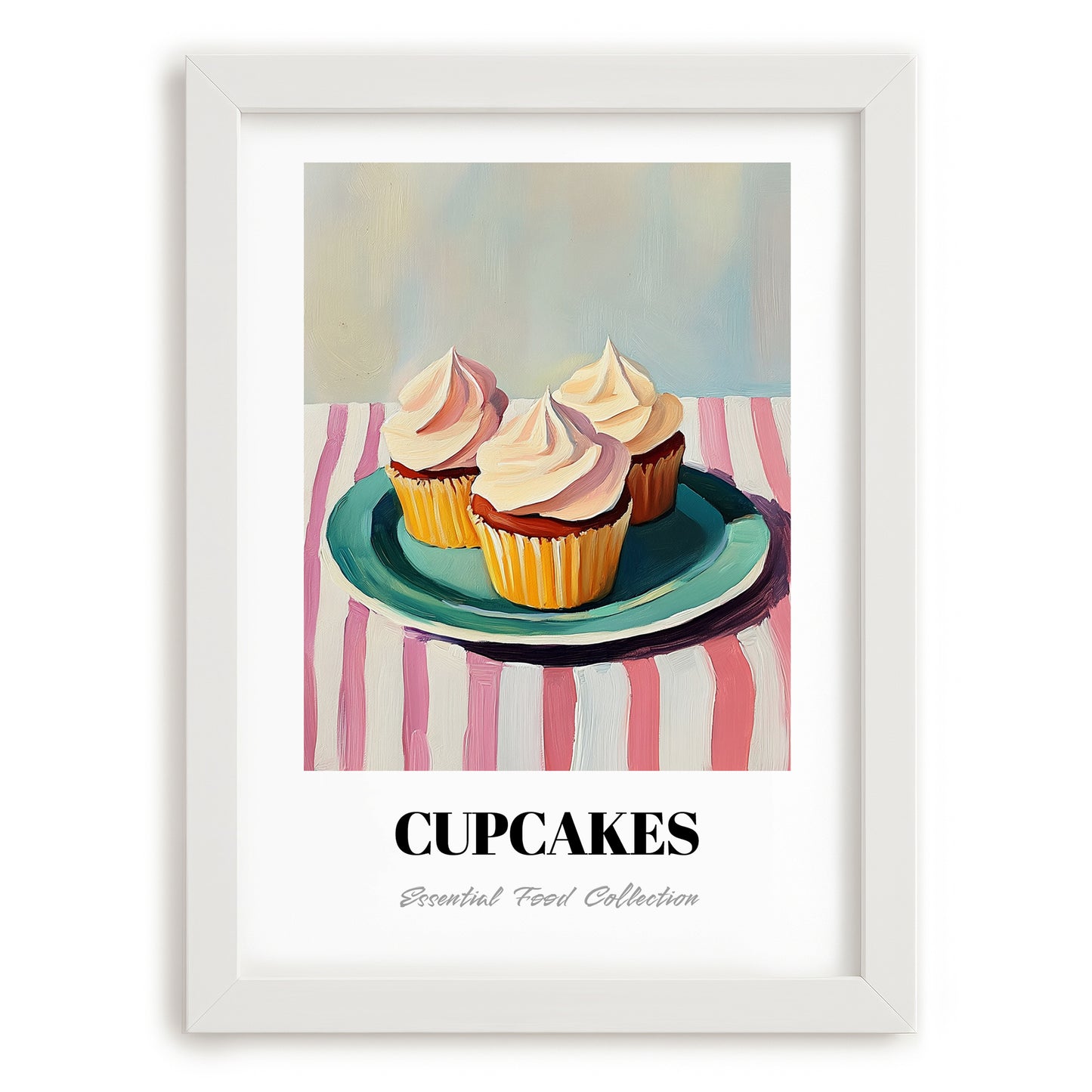 Cupcakes – on Striped Tablecloth, American Dessert Still Life, placed in minimal white frame