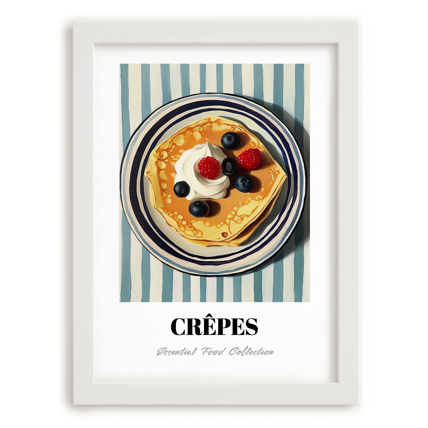 Crepes – on Striped Tablecloth, French French Pastry Still Life, placed in minimal white frame