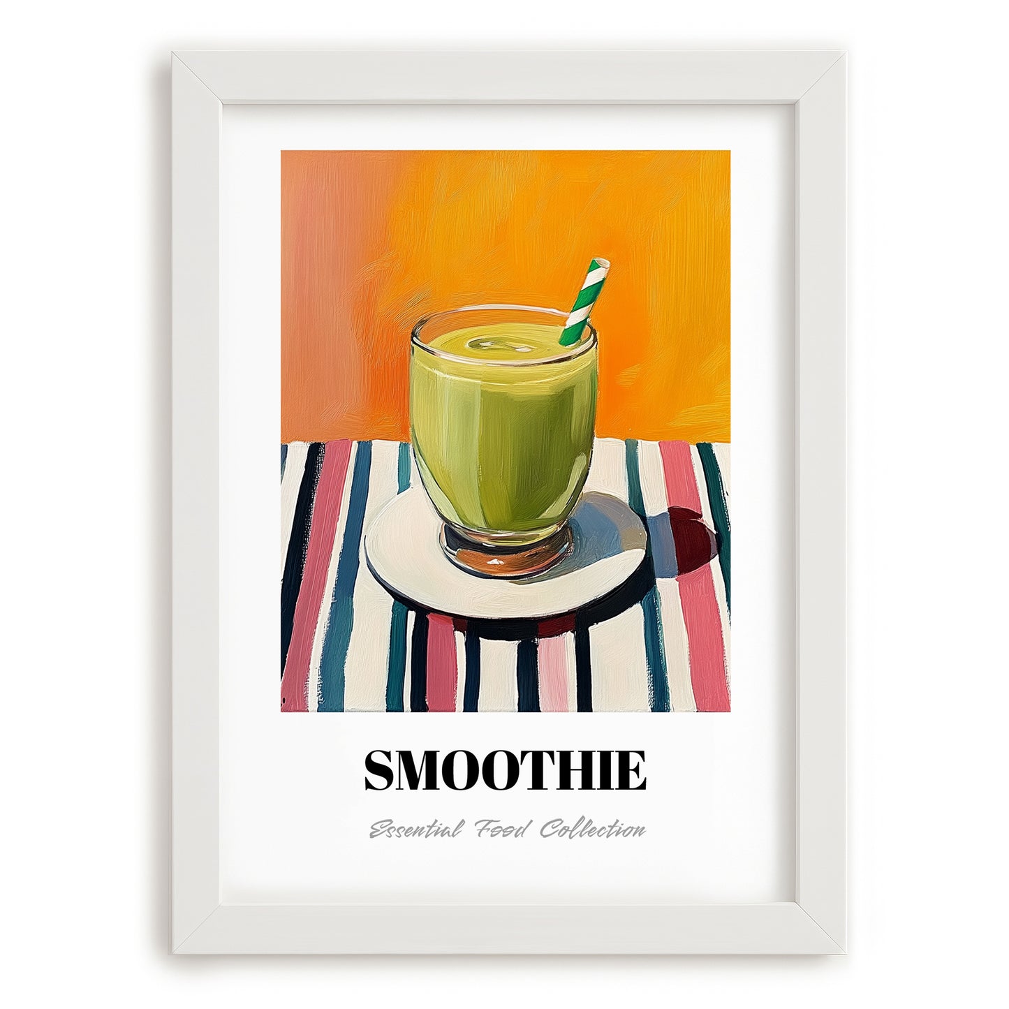 Smoothie – on Striped Tablecloth, American Drink Print, placed in minimal white frame