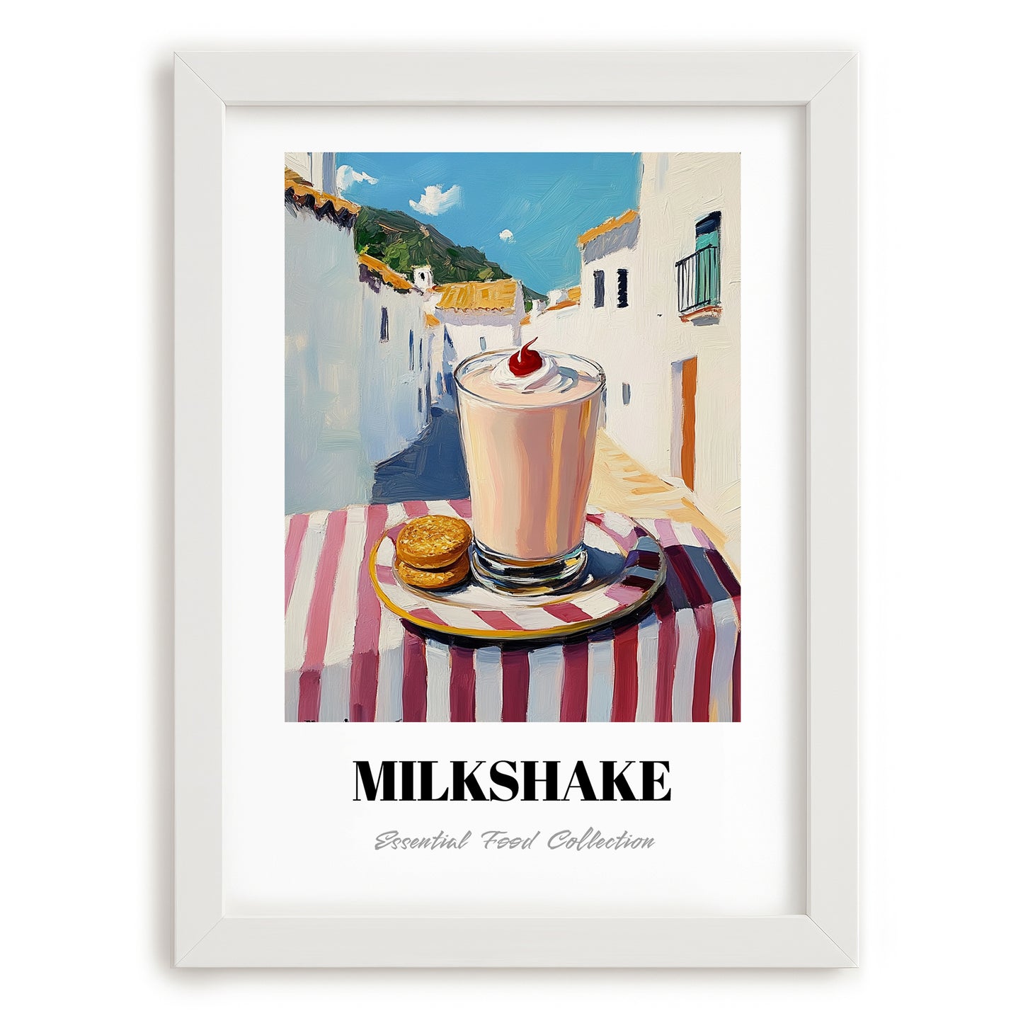 Milkshake – White village Urban Café Scene, American Drink Painting, placed in minimal white frame