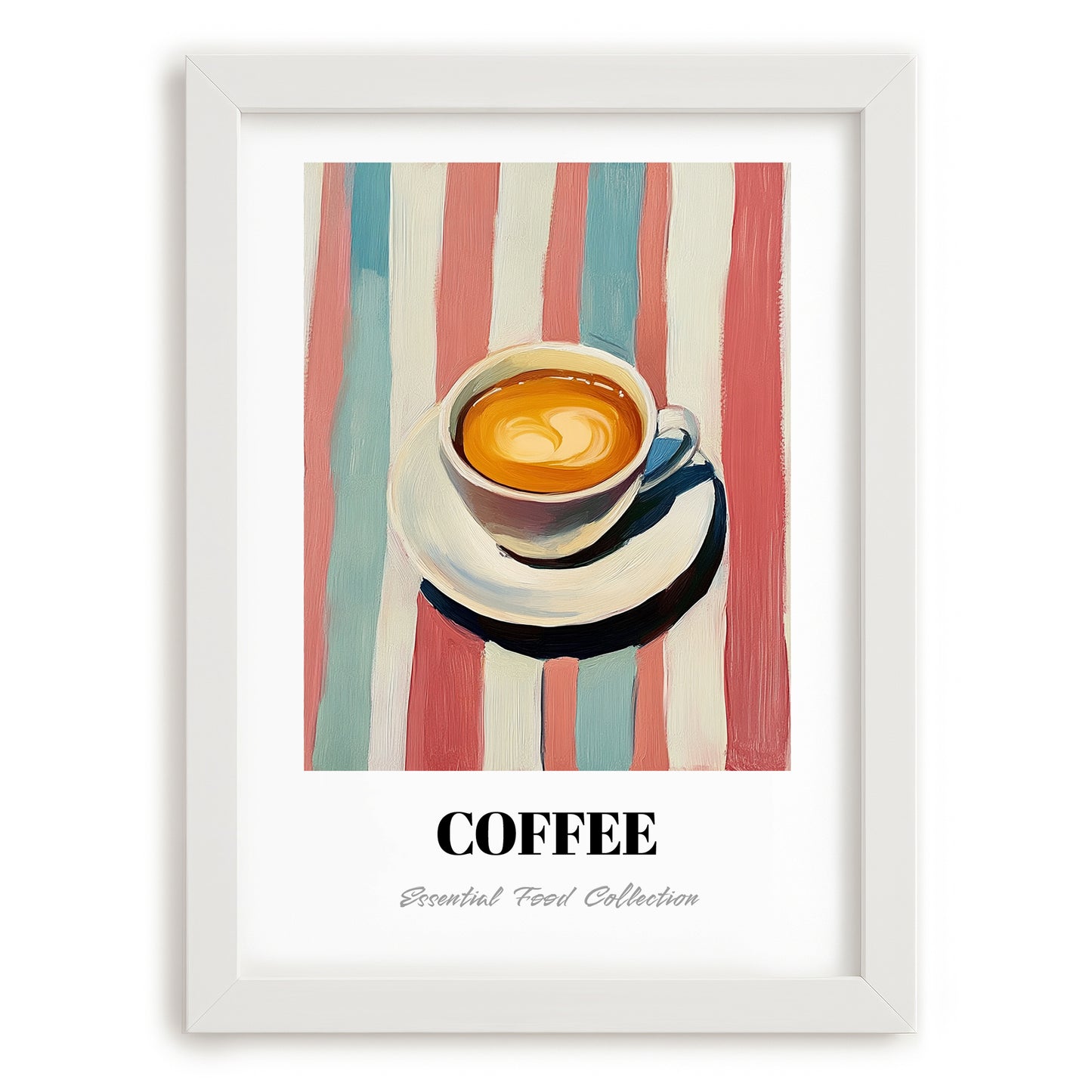 Coffee – on Striped Tablecloth, Italian Drink Still Life, placed in minimal white frame