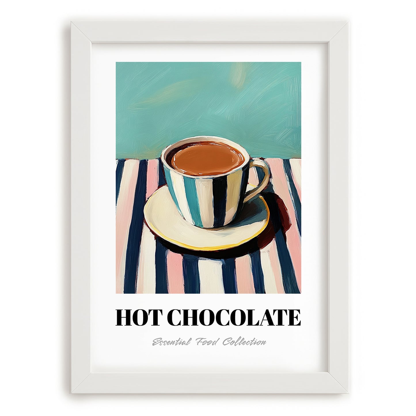 Hot Chocolate – on Striped Tablecloth, Swiss Drink Still Life, placed in minimal white frame