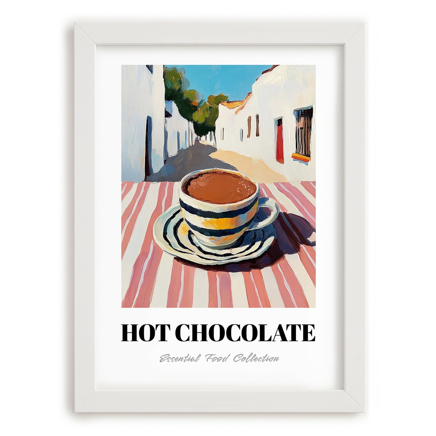 Hot Chocolate – White village Café on the Corner, Swiss Drink Still Life, placed in minimal white frame