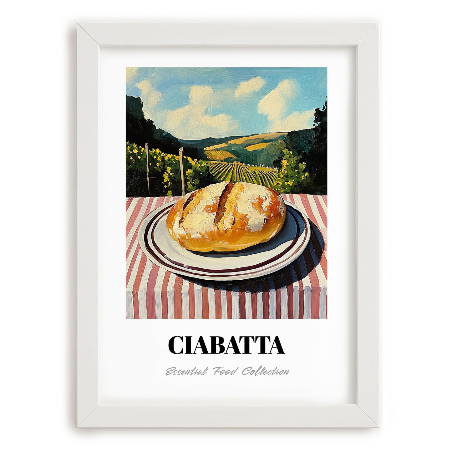Ciabatta – Hilltop Café Scene, Italian Pastry Illustration, placed in minimal white frame