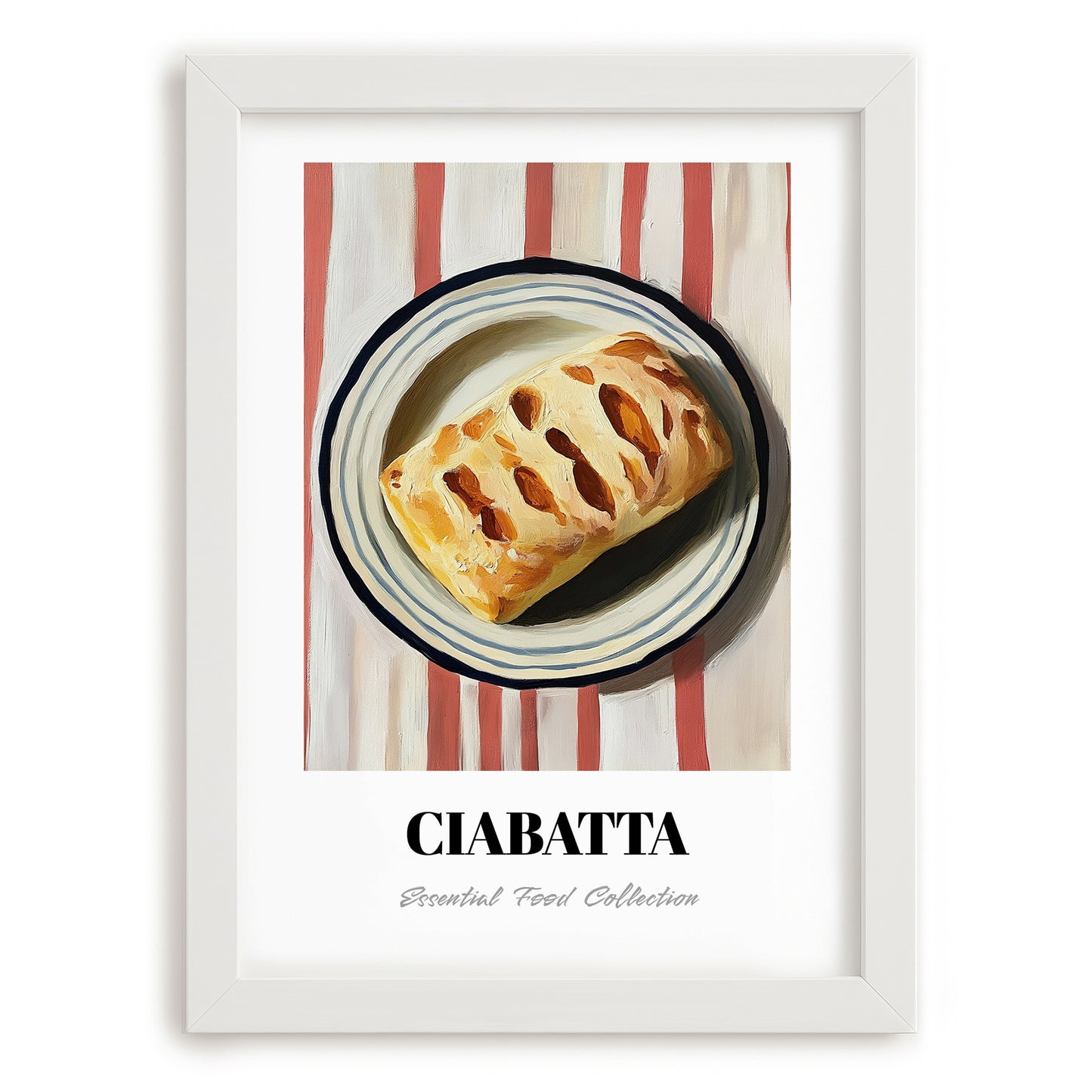 Ciabatta – on Striped Tablecloth, Italian Pastry Painting, placed in minimal white frame
