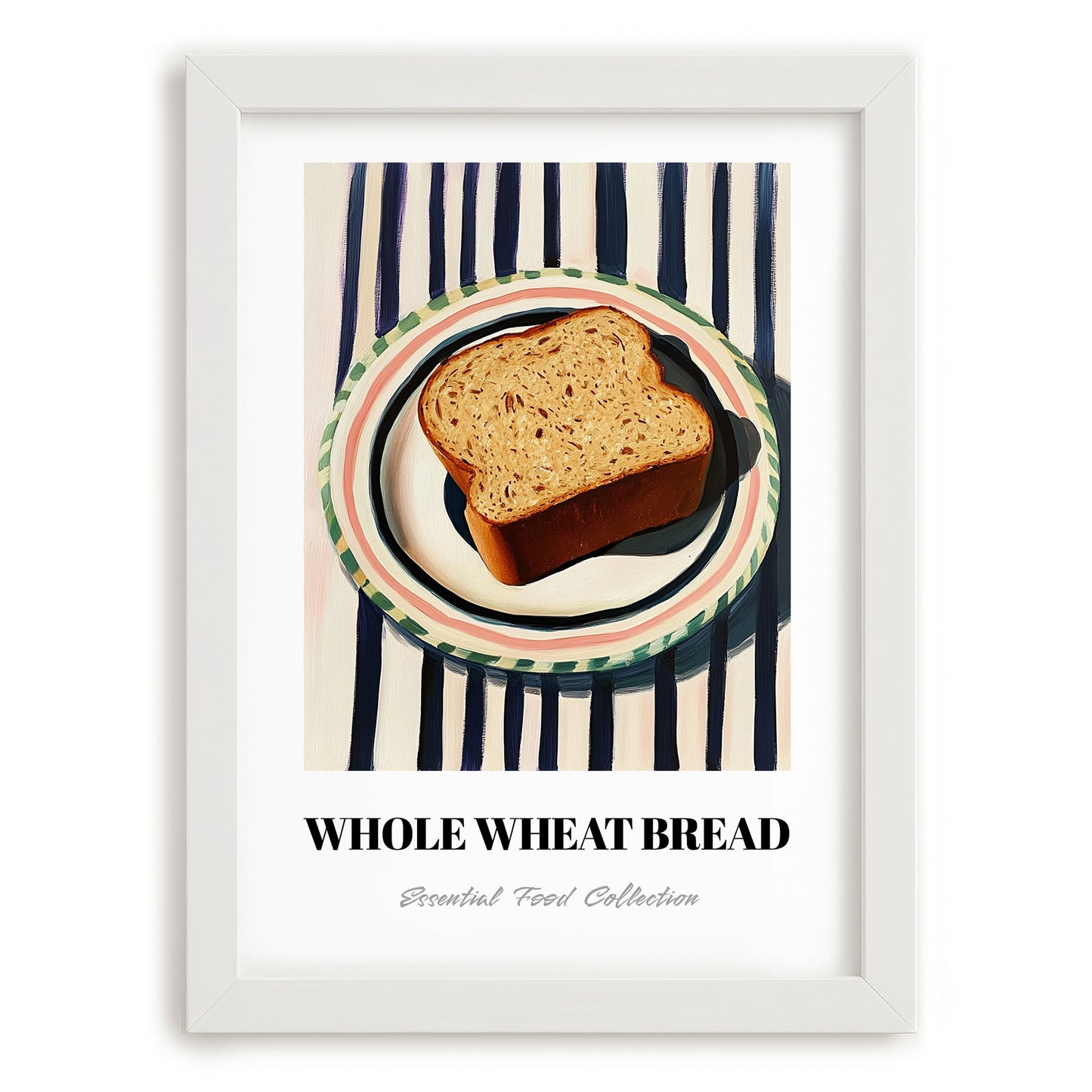 Whole Wheat Bread – on Striped Tablecloth, American Food Wall Art, placed in minimal white frame