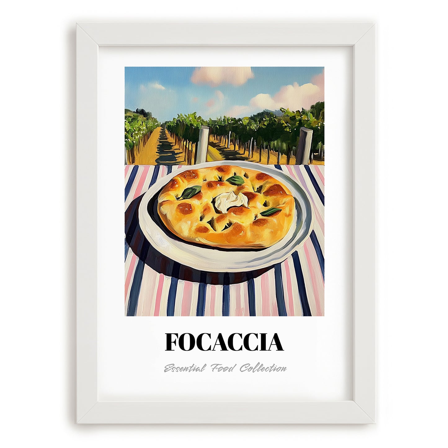 Focaccia – Hilltop Table Scene, Italian Food Illustration, placed in minimal white frame