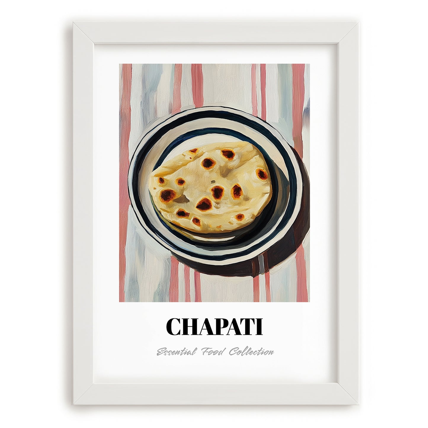 Chapati – on Striped Tablecloth, Indian Food Wall Decor, placed in minimal white frame