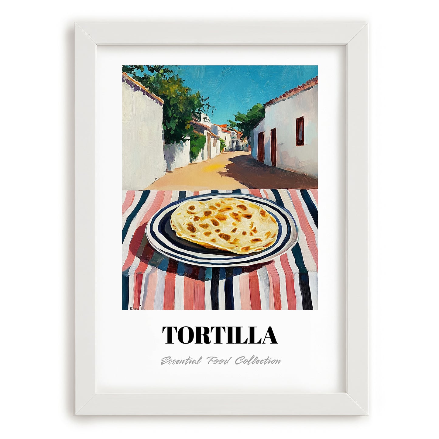 Tortilla – Mexican village Café on the Corner, Mexican Food Painting, placed in minimal white frame