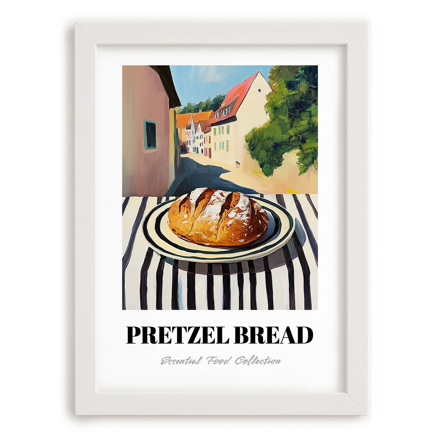 Pretzel Bread – German village Street Café Scene, German Pastry Wall Decor, placed in minimal white frame