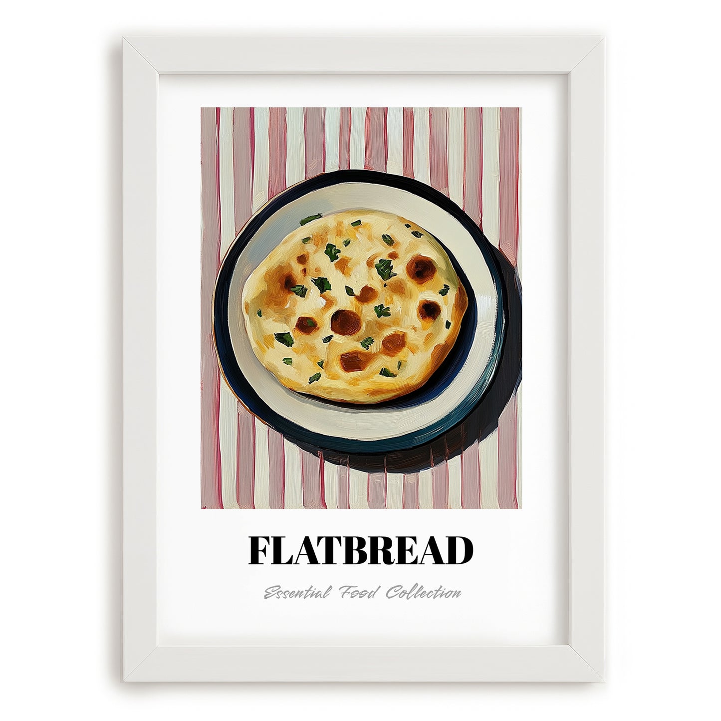 Flatbread – on Striped Tablecloth, Middle Food Wall Art, placed in minimal white frame