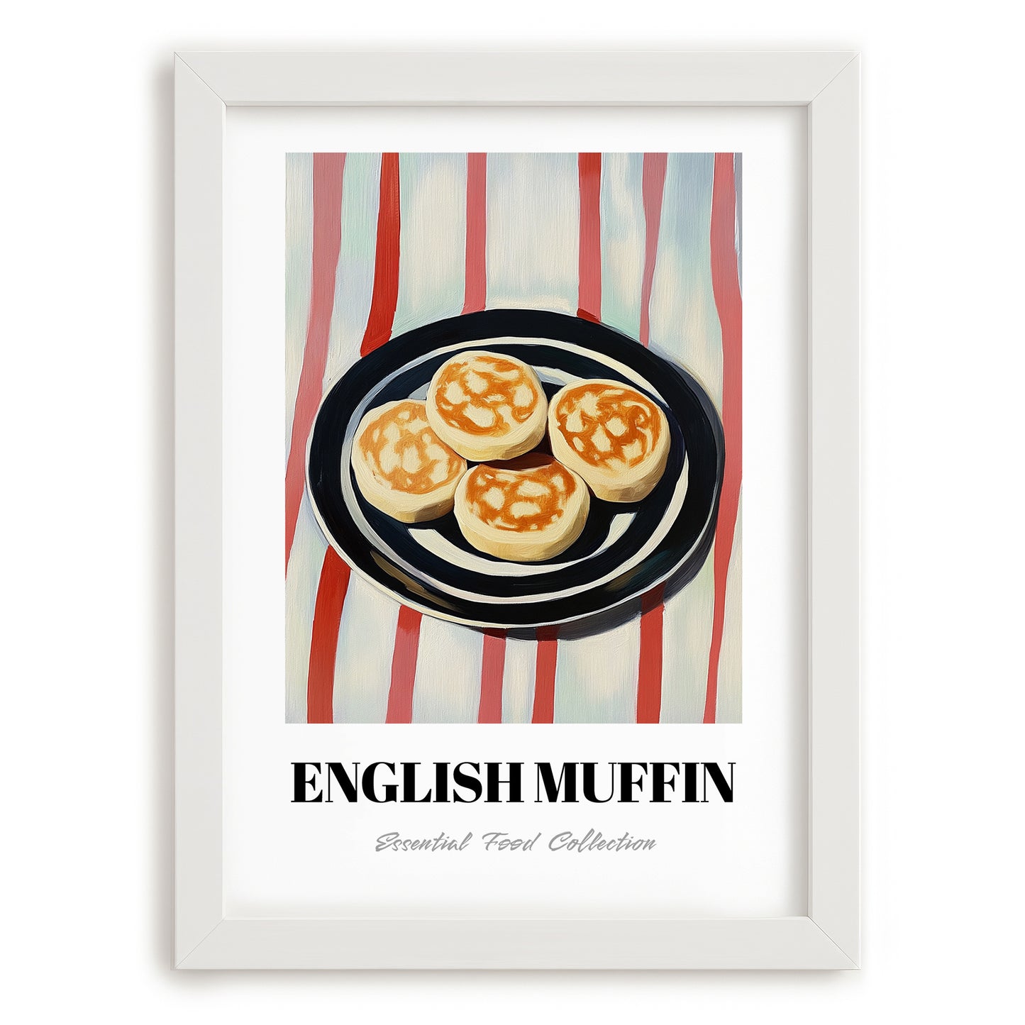 English Muffin – on Striped Tablecloth, British Pastry Still Life, placed in minimal white frame