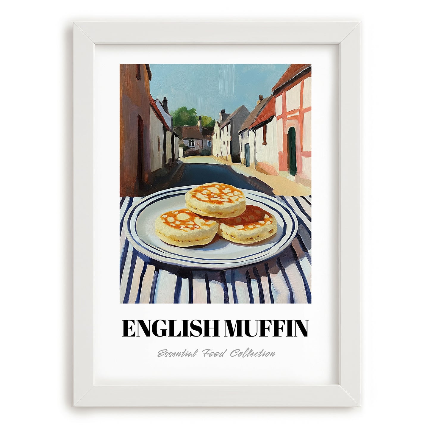 English Muffin – British village Café on the Corner, British Pastry Art, placed in minimal white frame